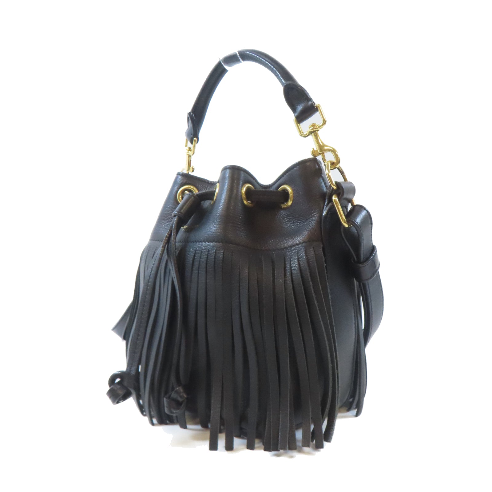 SAINT LAURENT 牛皮皮革Emmanuelle Fringe Bucket Bag金扣手挽肩背兩用袋黑色