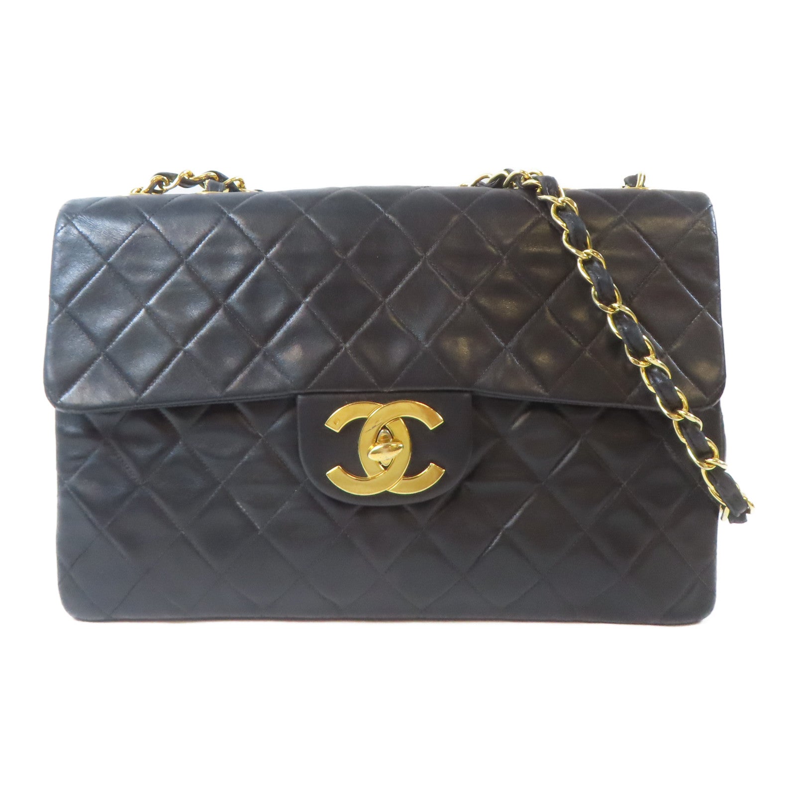 CHANEL 菱格羊皮皮革Chain Shoulder金扣鏈帶肩背袋黑色
