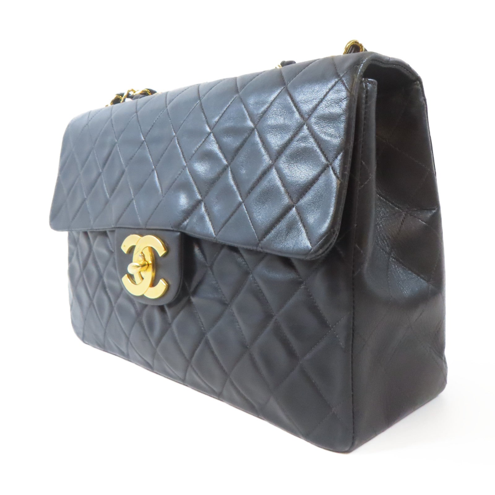 CHANEL 菱格羊皮皮革Chain Shoulder金扣鏈帶肩背袋黑色