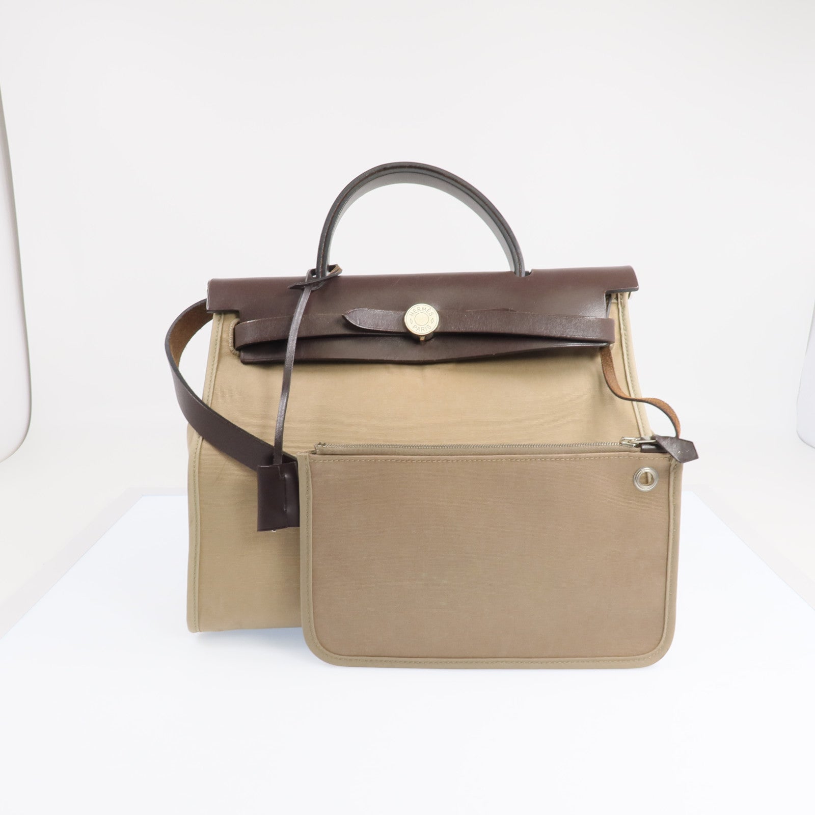 HERMES 帆布Herbag PM銀扣手挽肩背兩用袋Etoupe