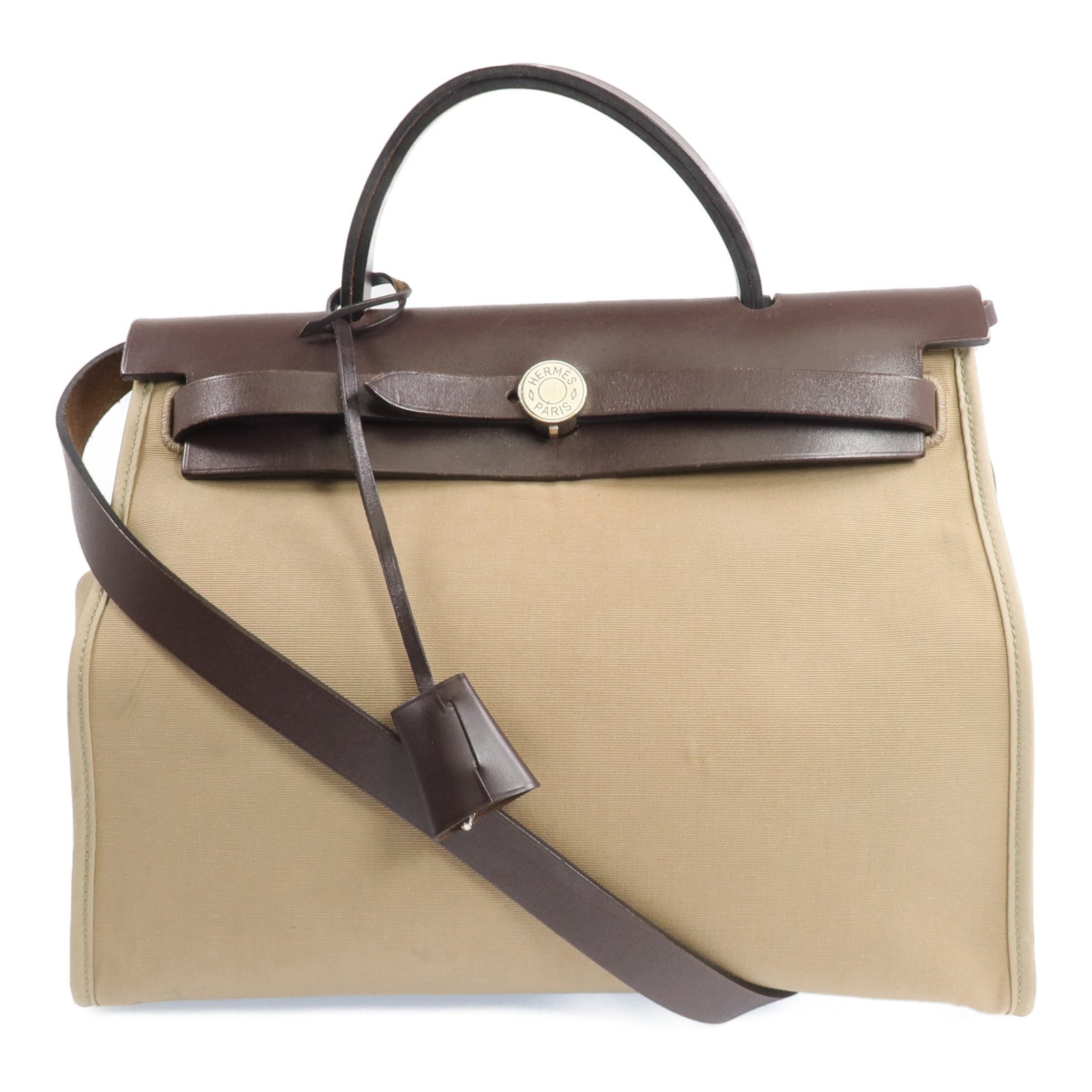 HERMES 帆布Herbag PM銀扣手挽肩背兩用袋Etoupe