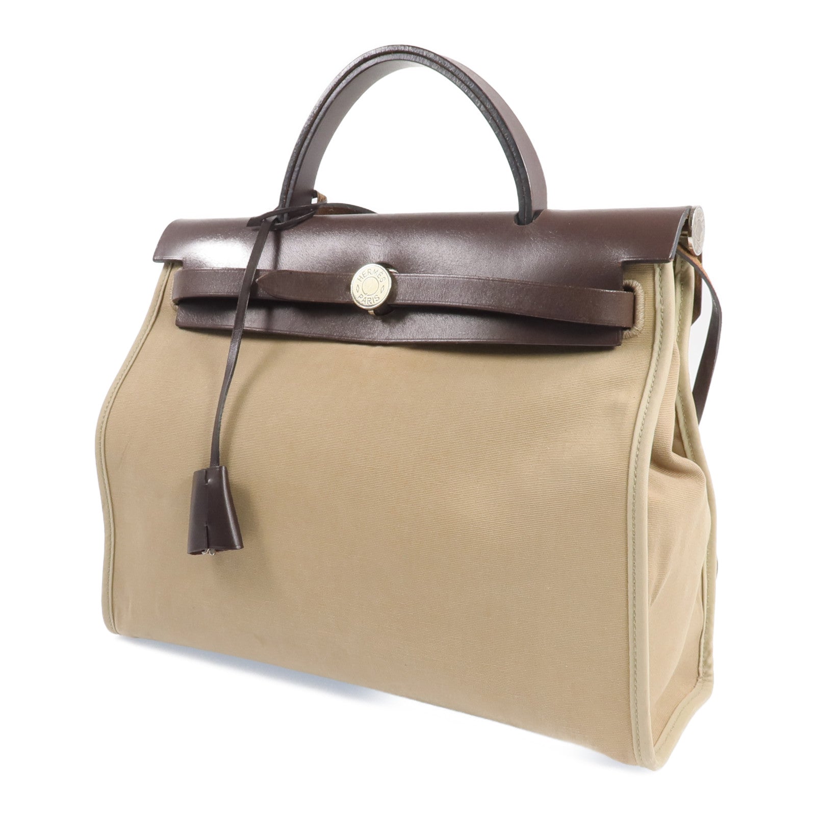 HERMES 帆布Herbag PM銀扣手挽肩背兩用袋Etoupe