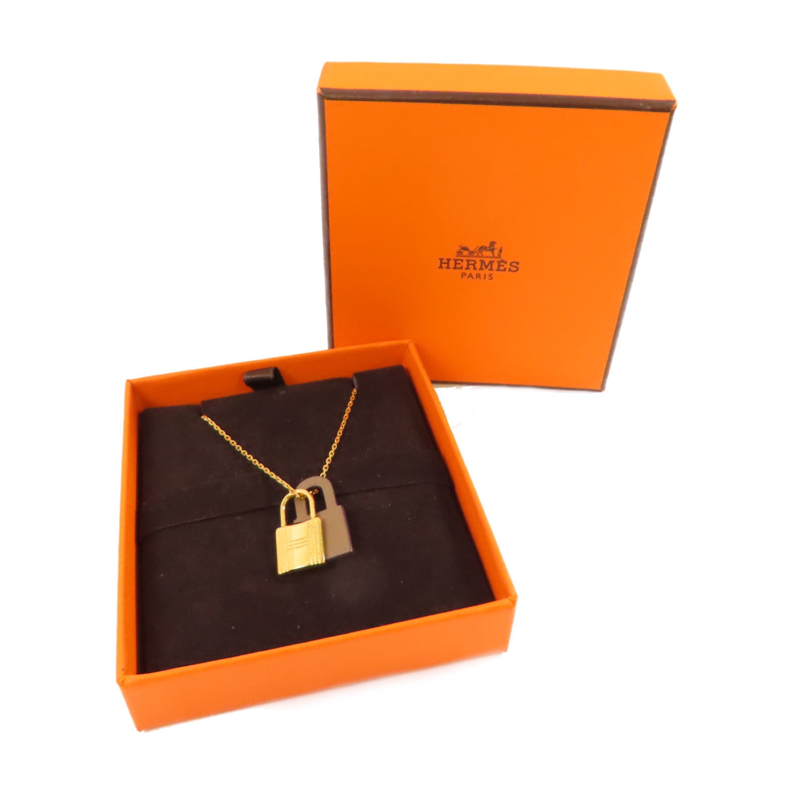 HERMES 金屬/Swift皮革O'Kelly Necklace金扣項鏈Etoupe大象色