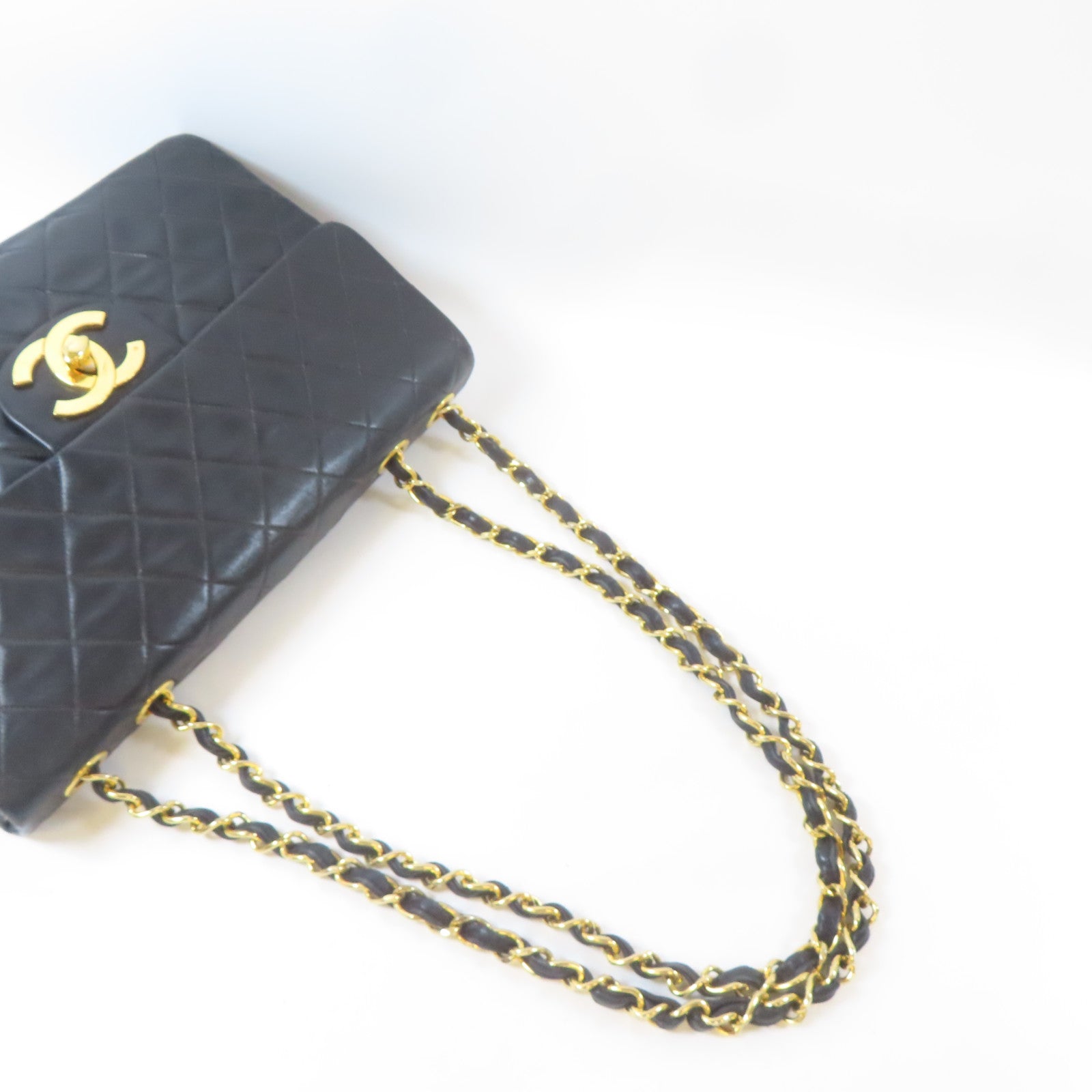 CHANEL 菱格羊皮皮革Chain Shoulder金扣鏈帶肩背袋黑色