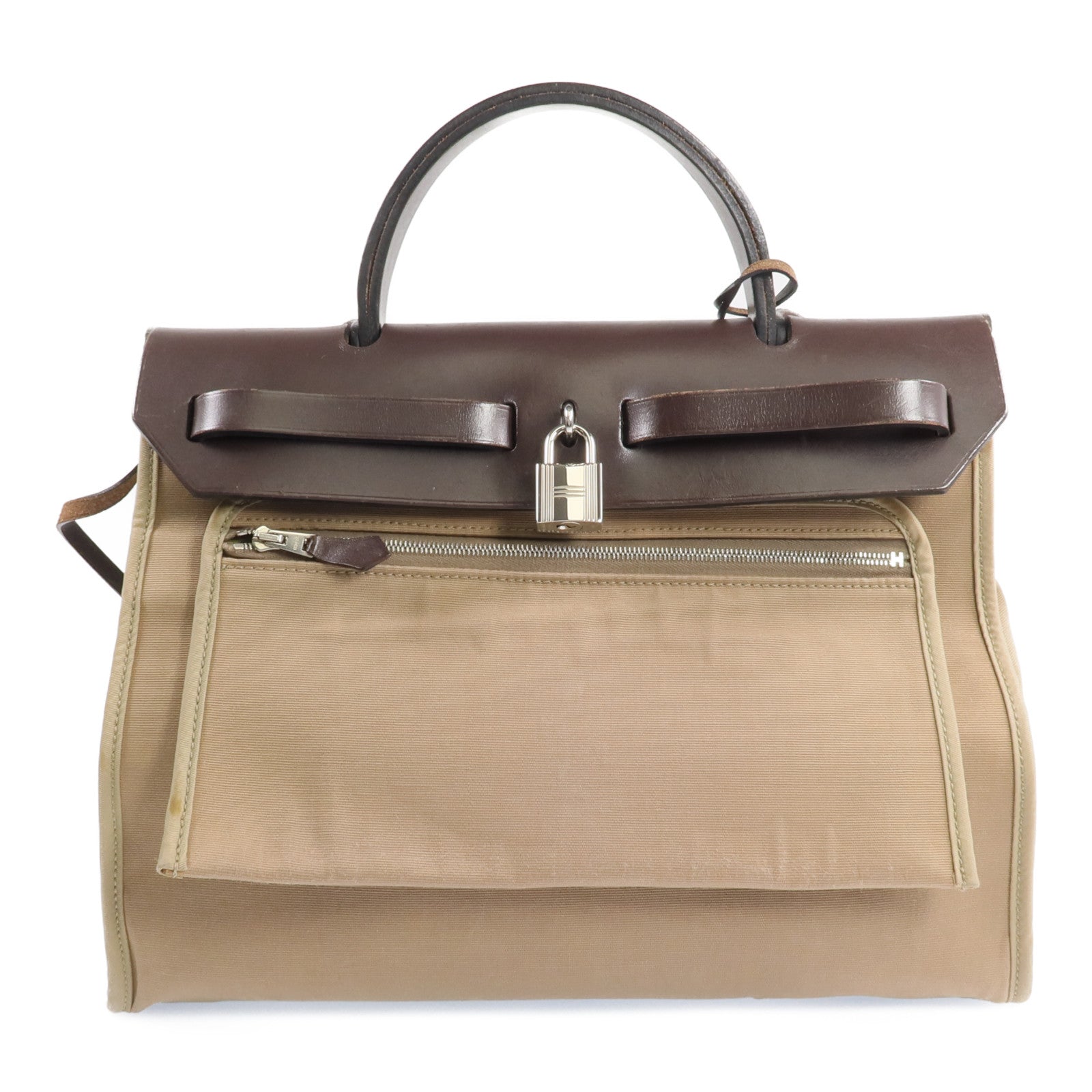 HERMES 帆布Herbag PM銀扣手挽肩背兩用袋Etoupe