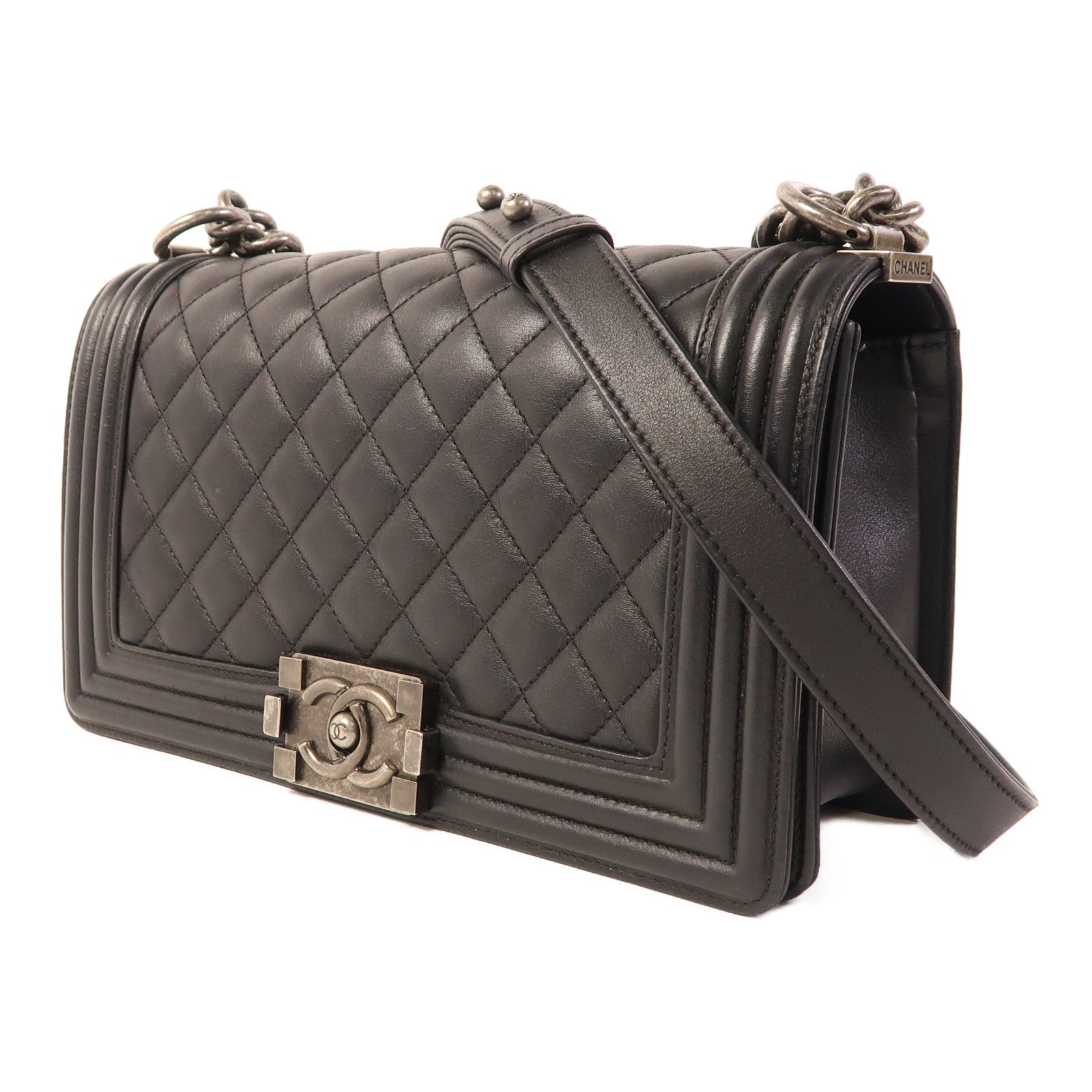 CHANEL 牛皮皮革Boy 25銀扣鏈帶肩背袋