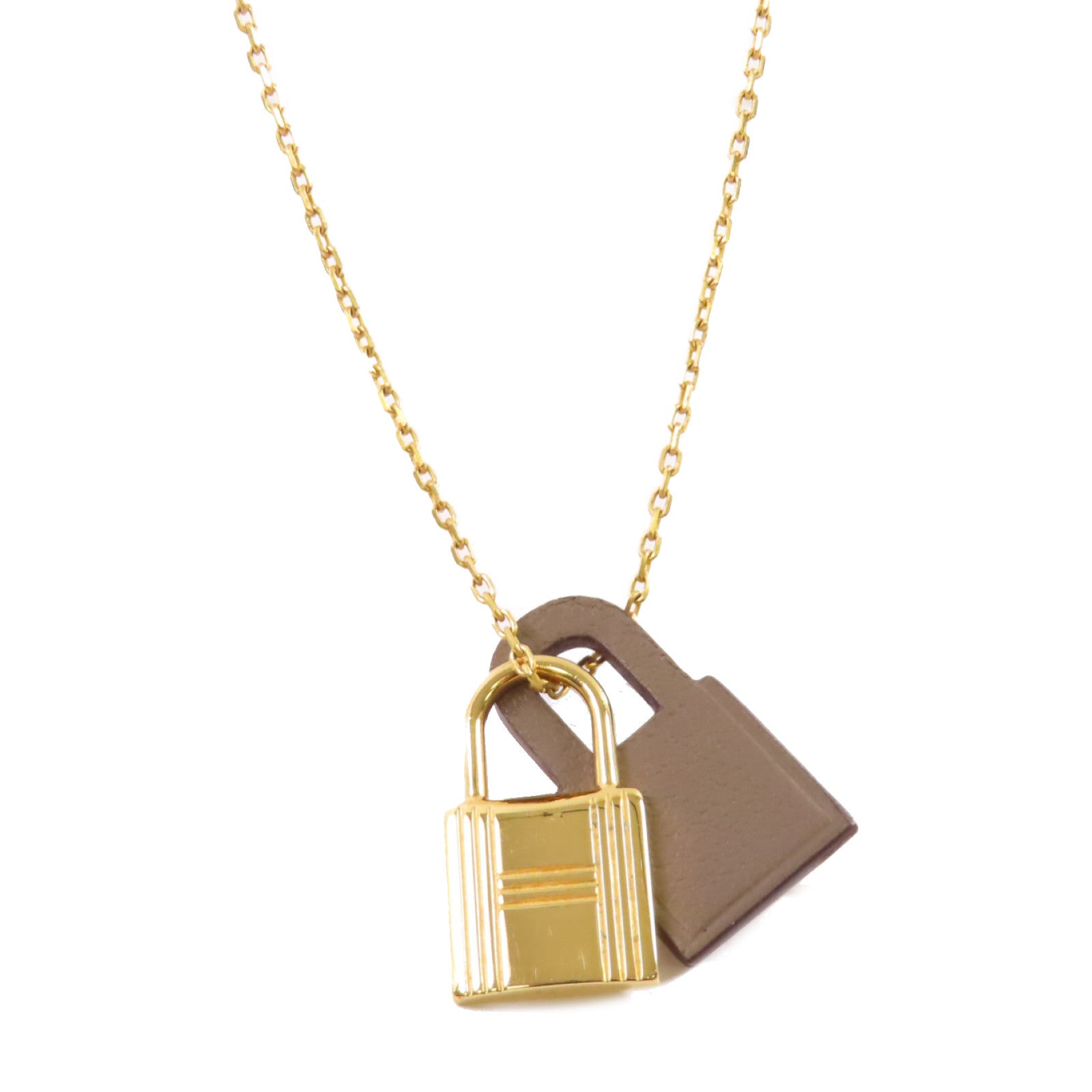 HERMES 金屬/Swift皮革O'Kelly Necklace金扣項鏈Etoupe大象色