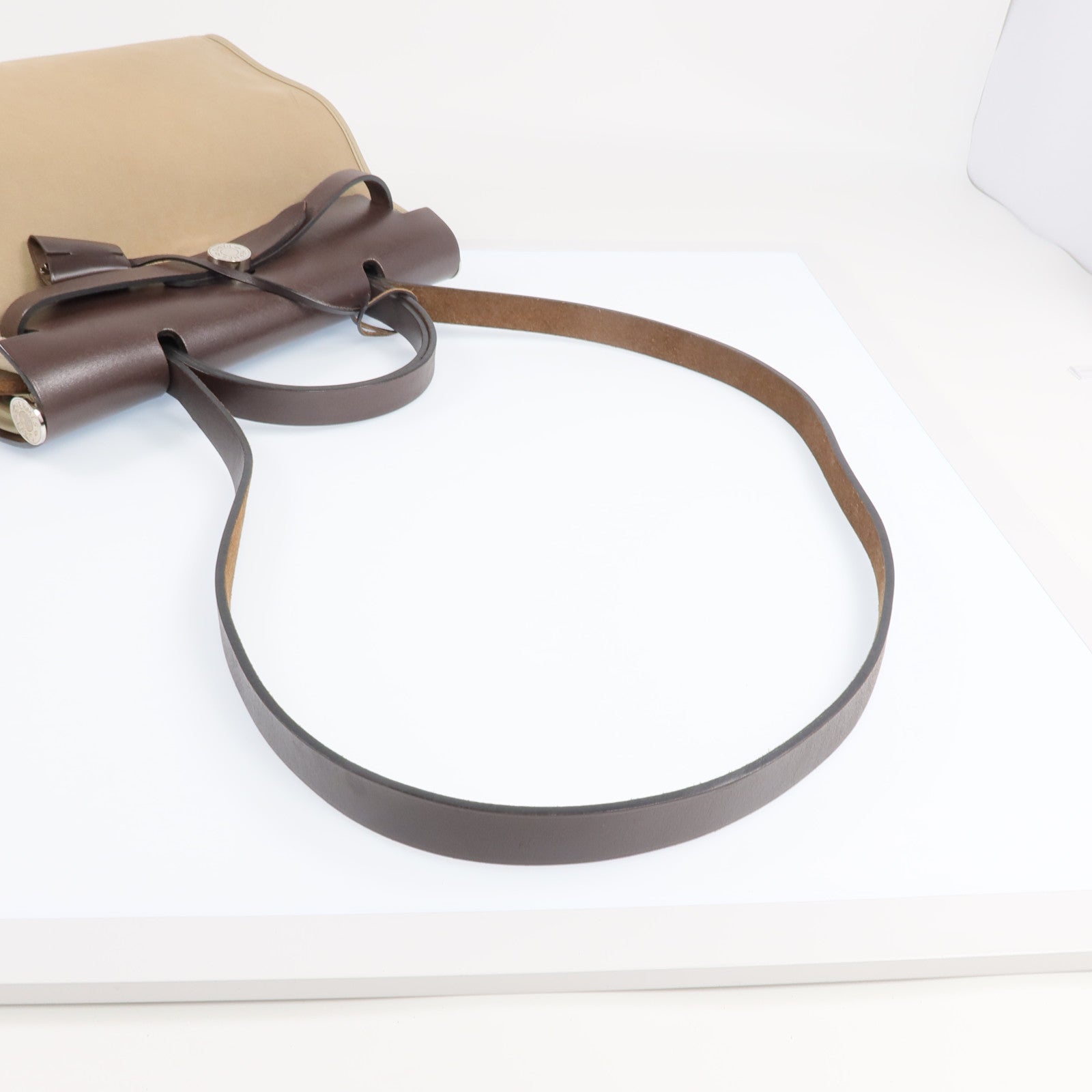 HERMES 帆布Herbag PM銀扣手挽肩背兩用袋Etoupe