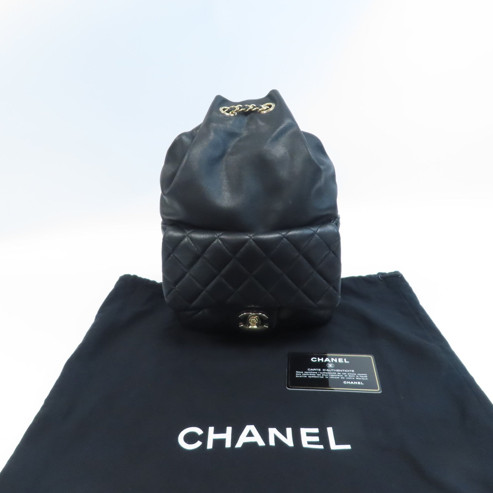 CHANEL 菱格羊皮皮革Backpack金扣鏈帶背包黑色