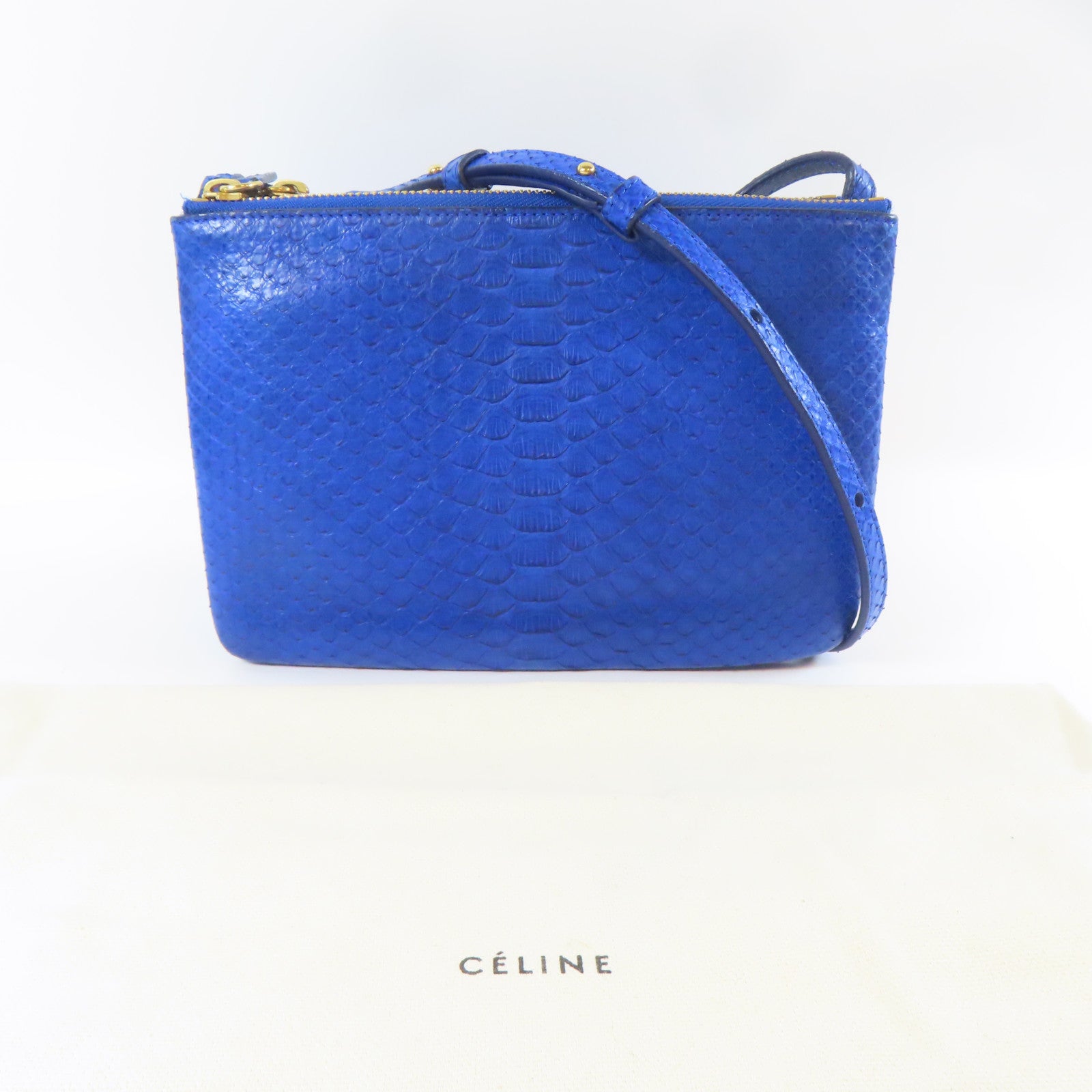 CELINE 蛇皮皮革Trio金扣肩背袋藍色