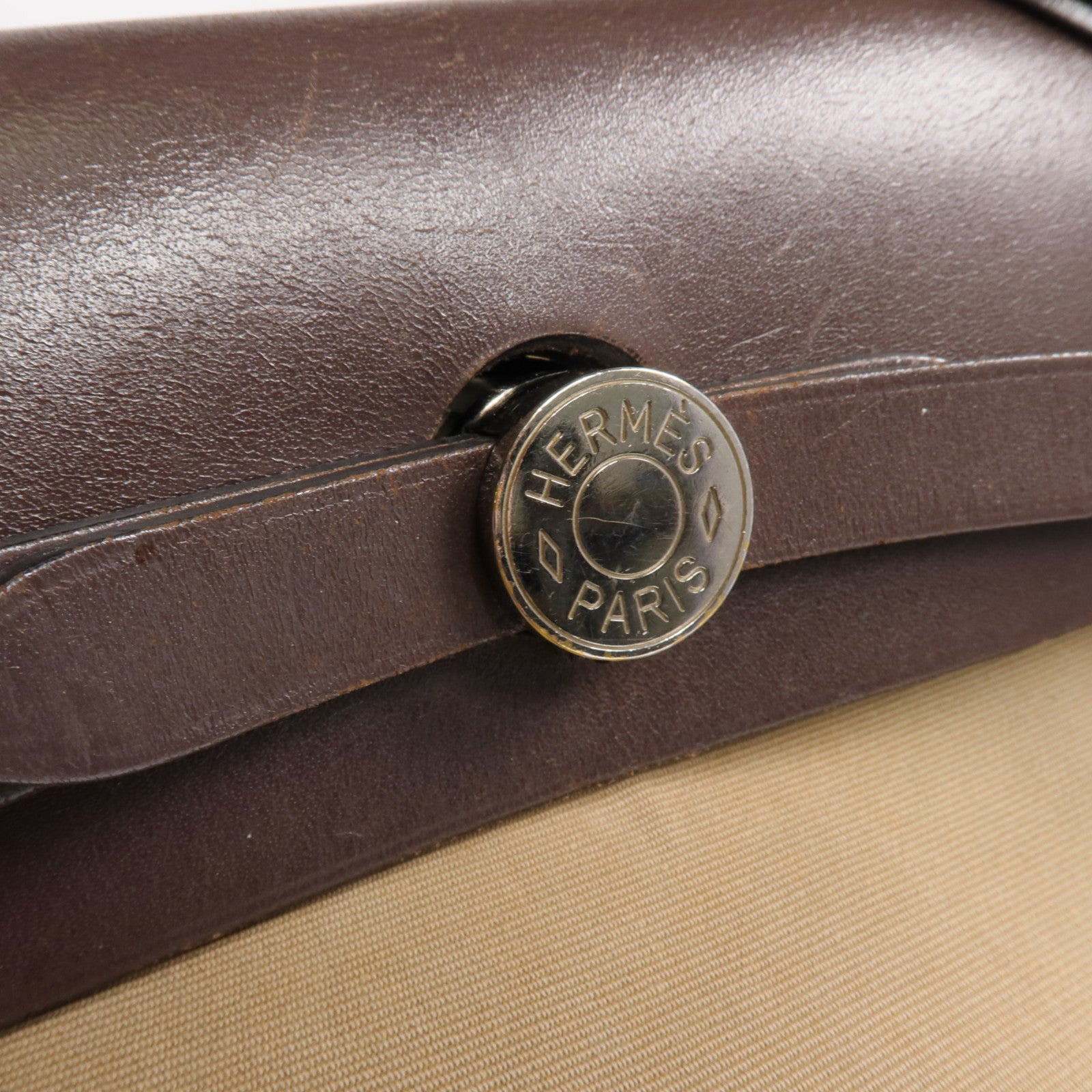 HERMES 帆布Herbag PM銀扣手挽肩背兩用袋Etoupe