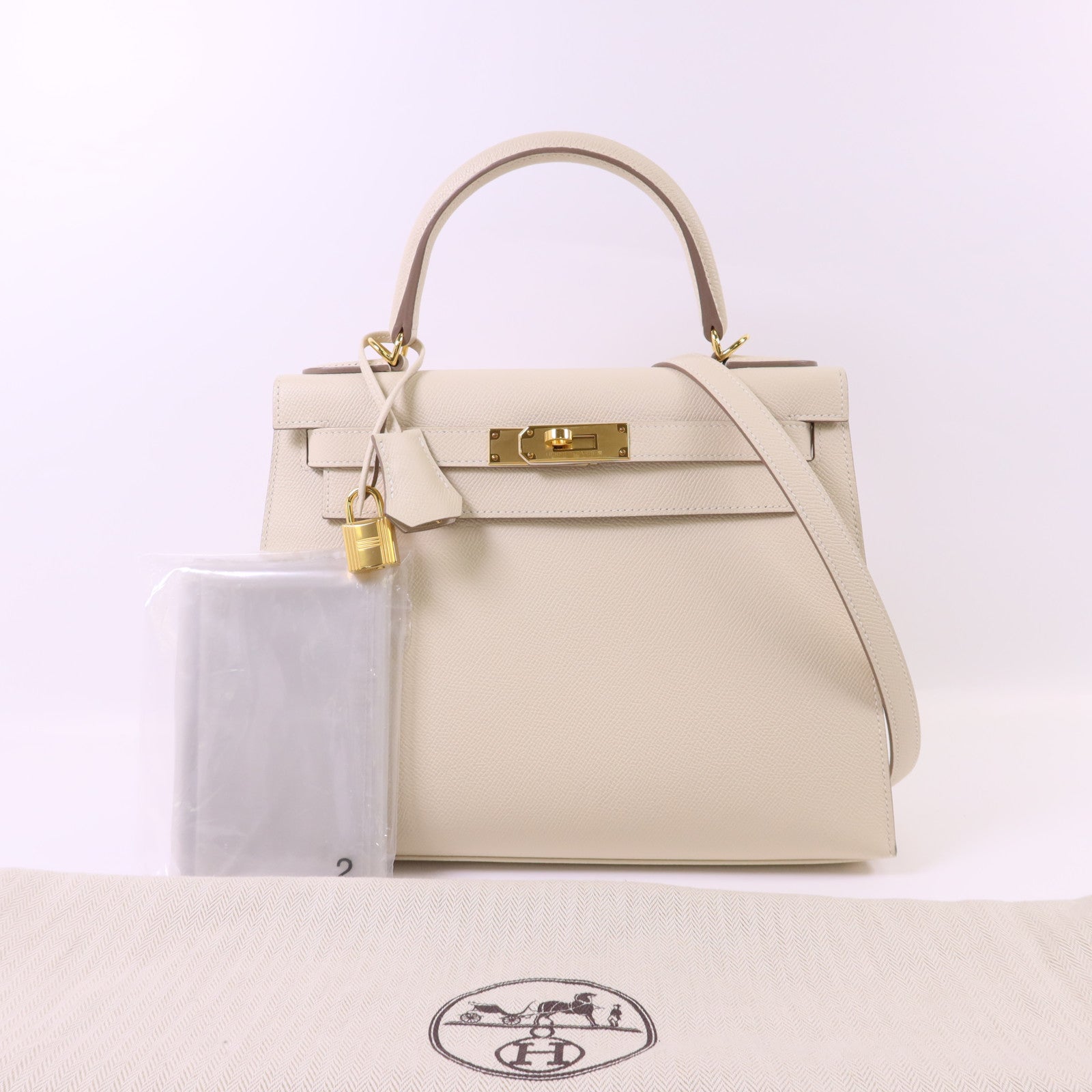 HERMES Epsom皮革Kelly 28金扣手挽肩背兩用袋Craie