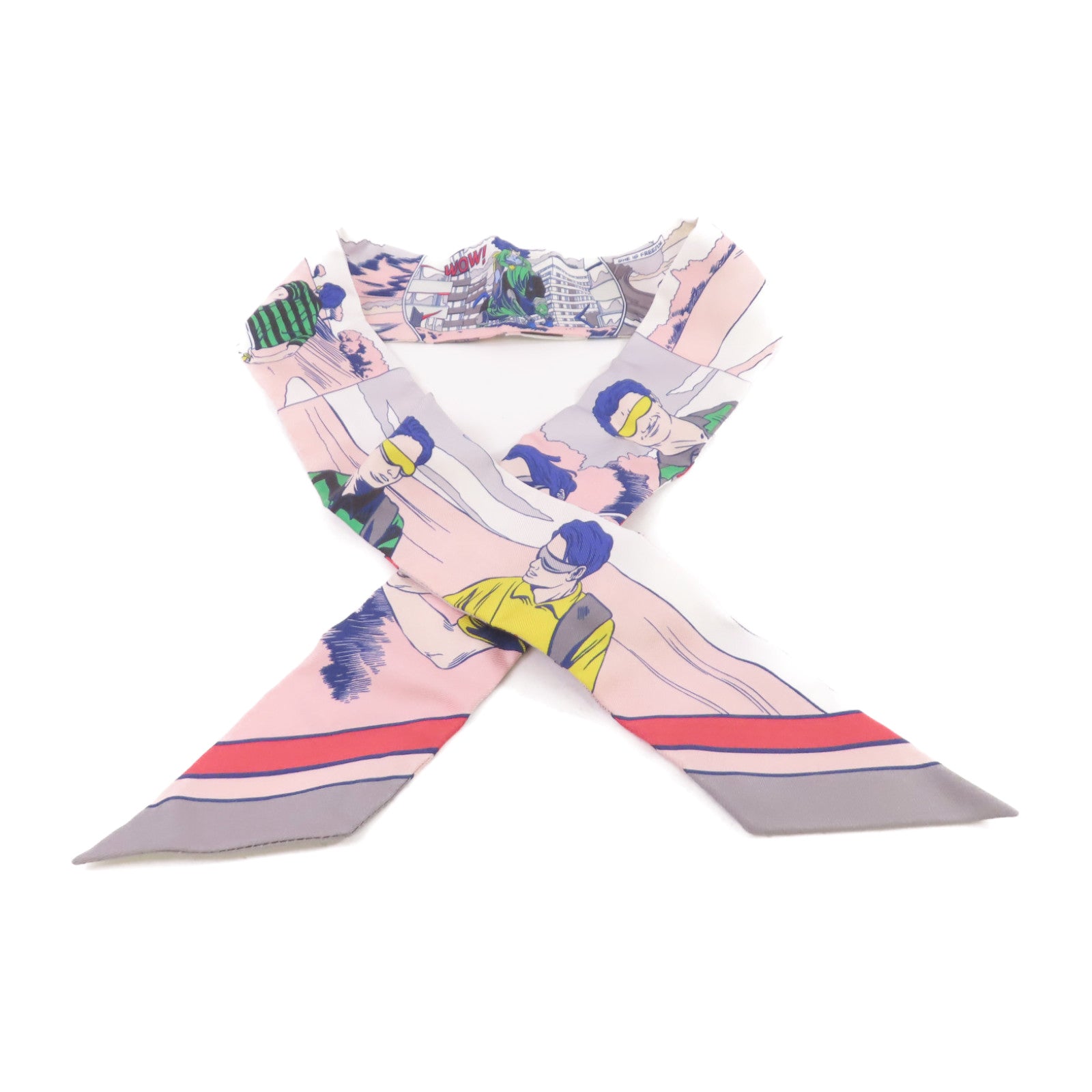 HERMES 絲質Twilly Scarf絲巾灰色/粉紅色/彩色