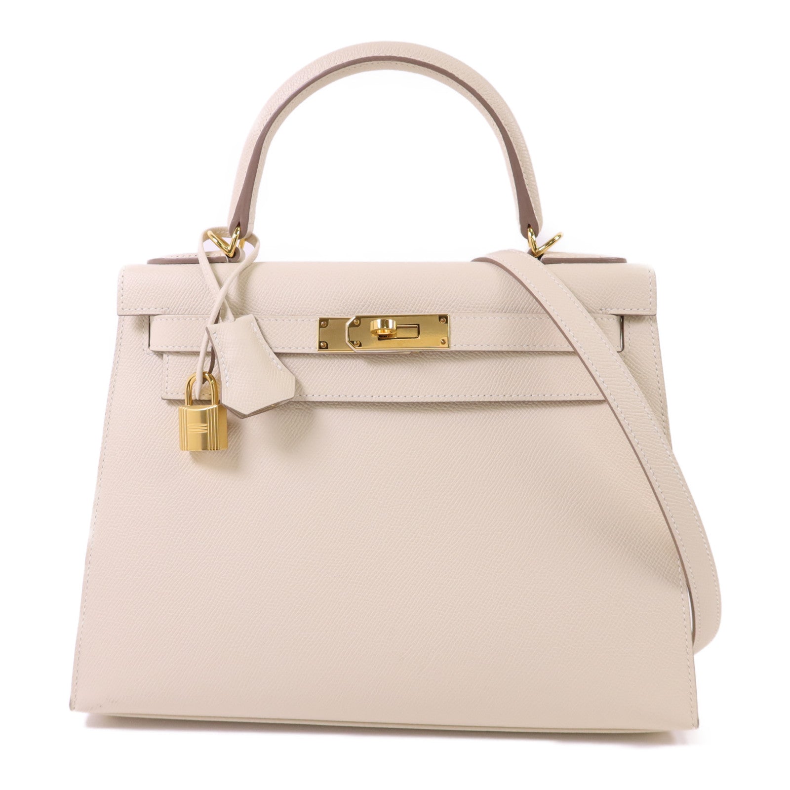HERMES Epsom皮革Kelly 28金扣手挽肩背兩用袋Craie