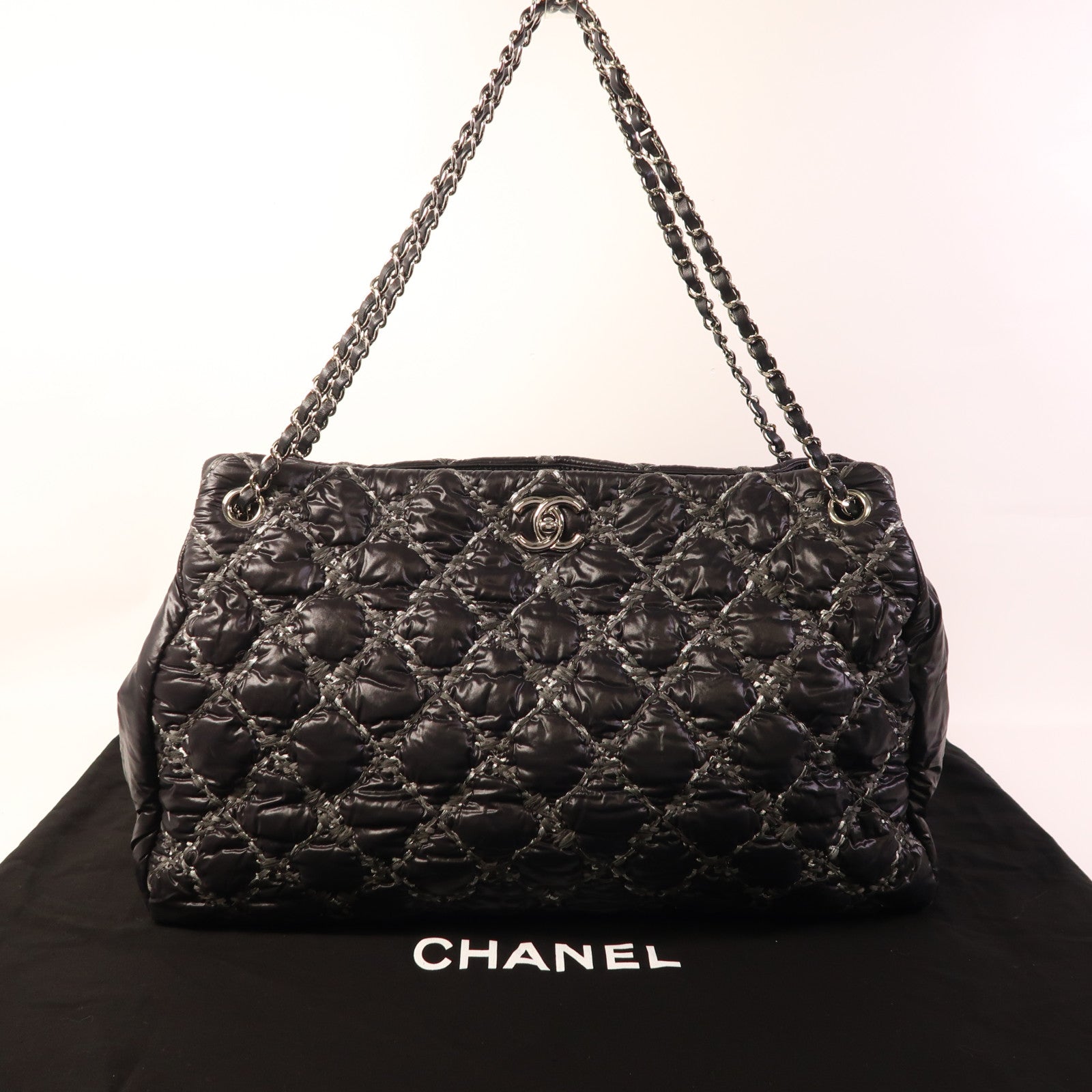 CHANEL 尼龍Chain Shoulder銀扣鏈帶肩背袋