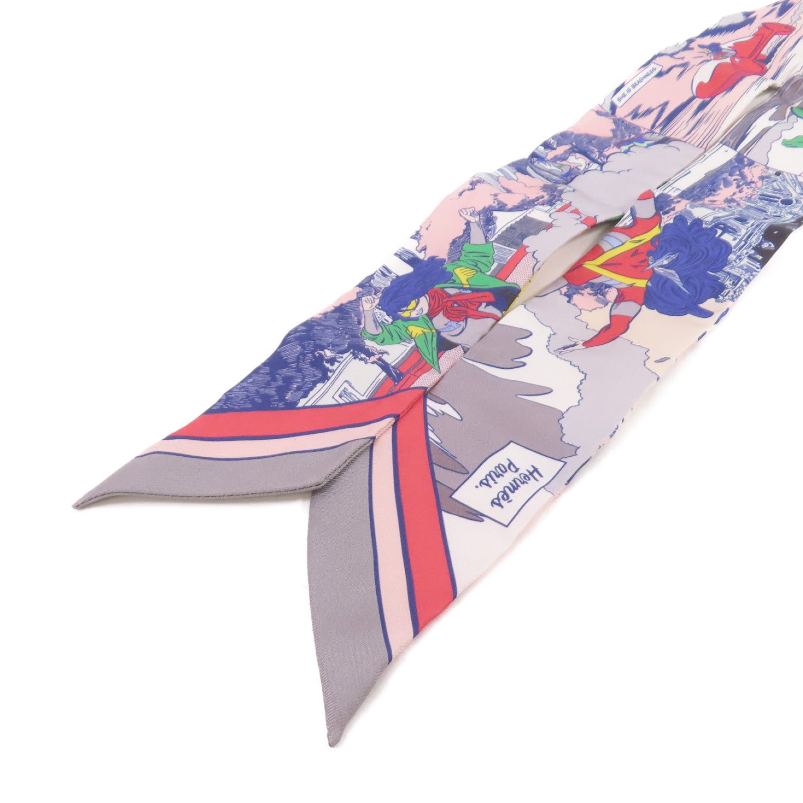 HERMES 絲質Twilly Scarf絲巾灰色/粉紅色/彩色