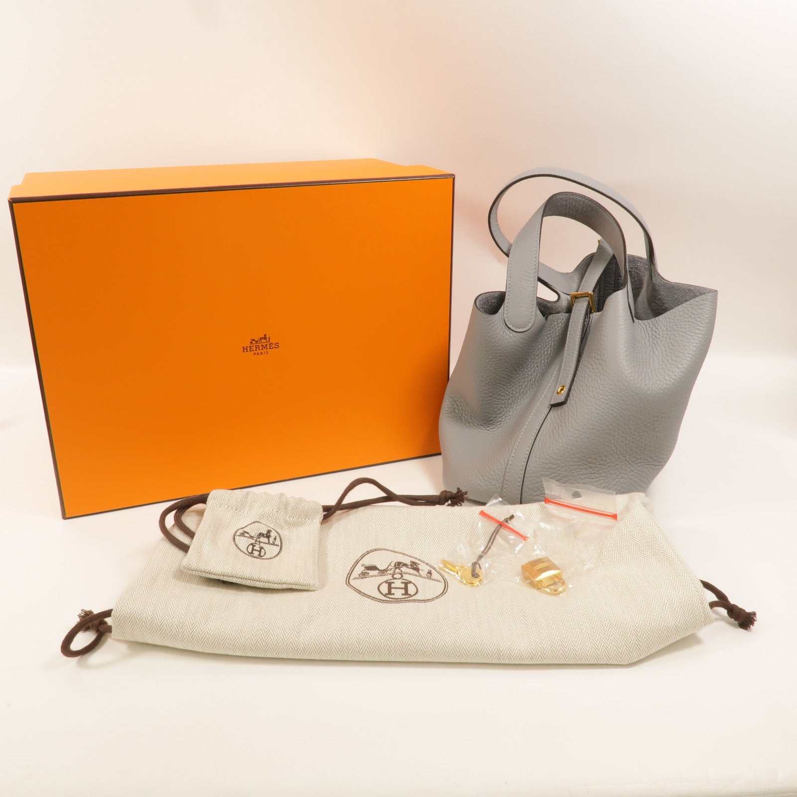 HERMES Clemence皮革Picotin PM手挽袋Gris Pantin