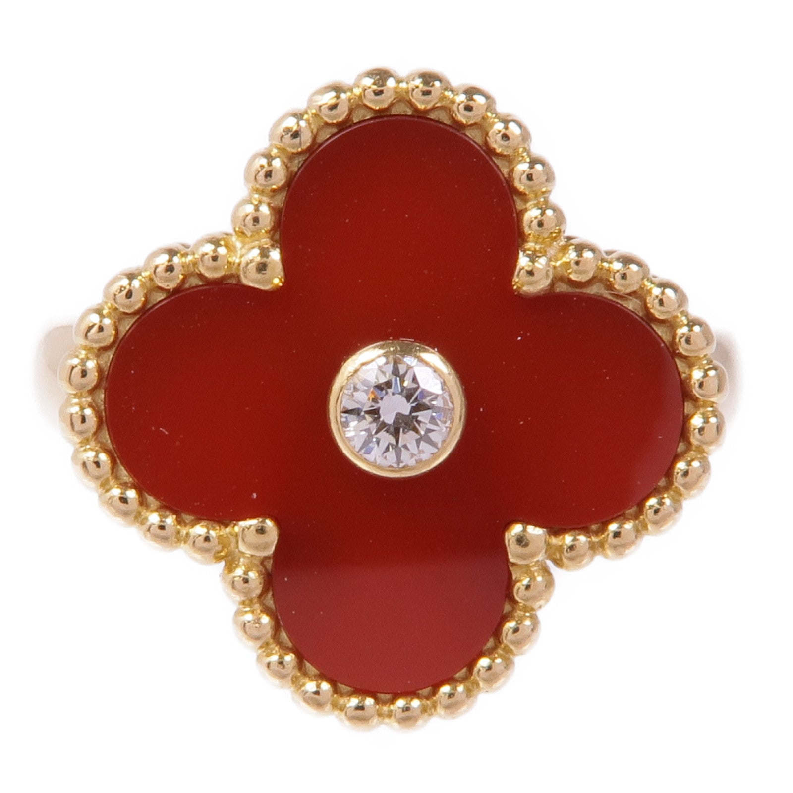 Van Cleef & Arpels 【激減優惠】18K黃金Vintage Alhambra Carnelian/鑽石戒指VCA#47/US#4