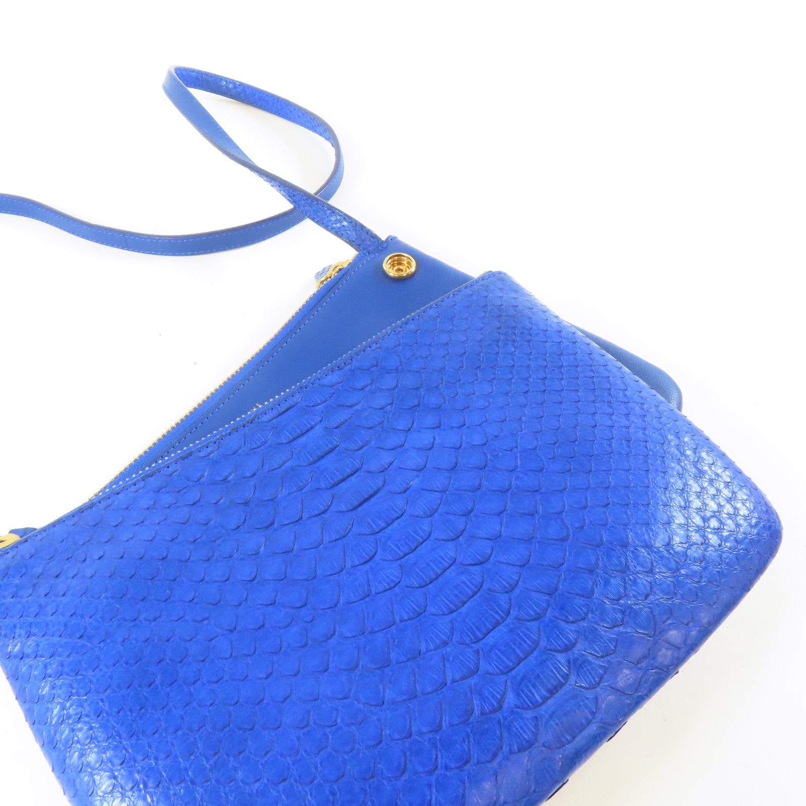 CELINE 蛇皮皮革Trio金扣肩背袋藍色