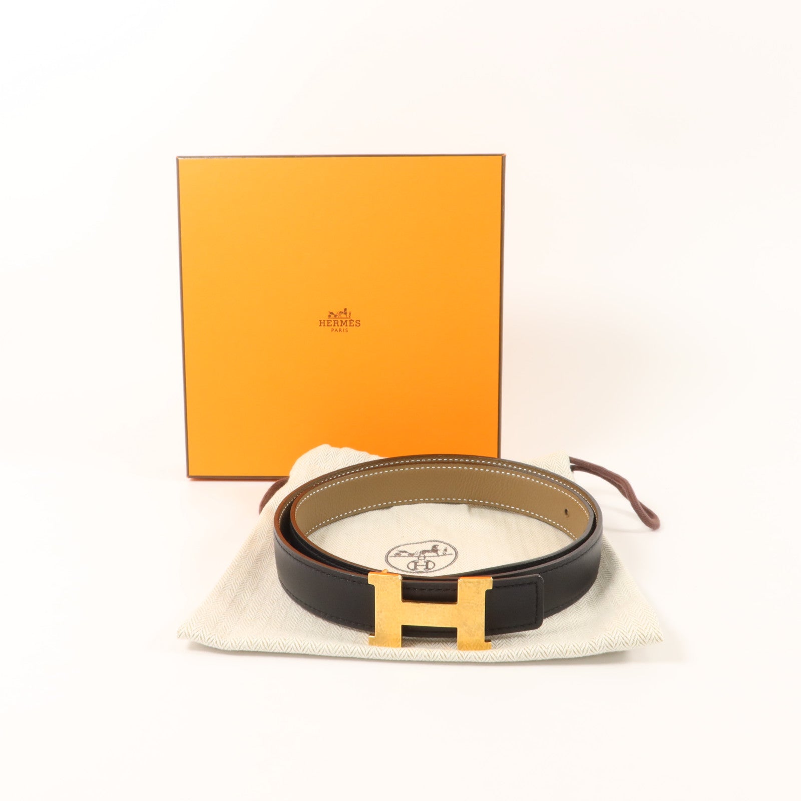 HERMES Epsom皮革/Swift皮革Martelee Reversible Belt 80cm皮帶Noir/Etoupe