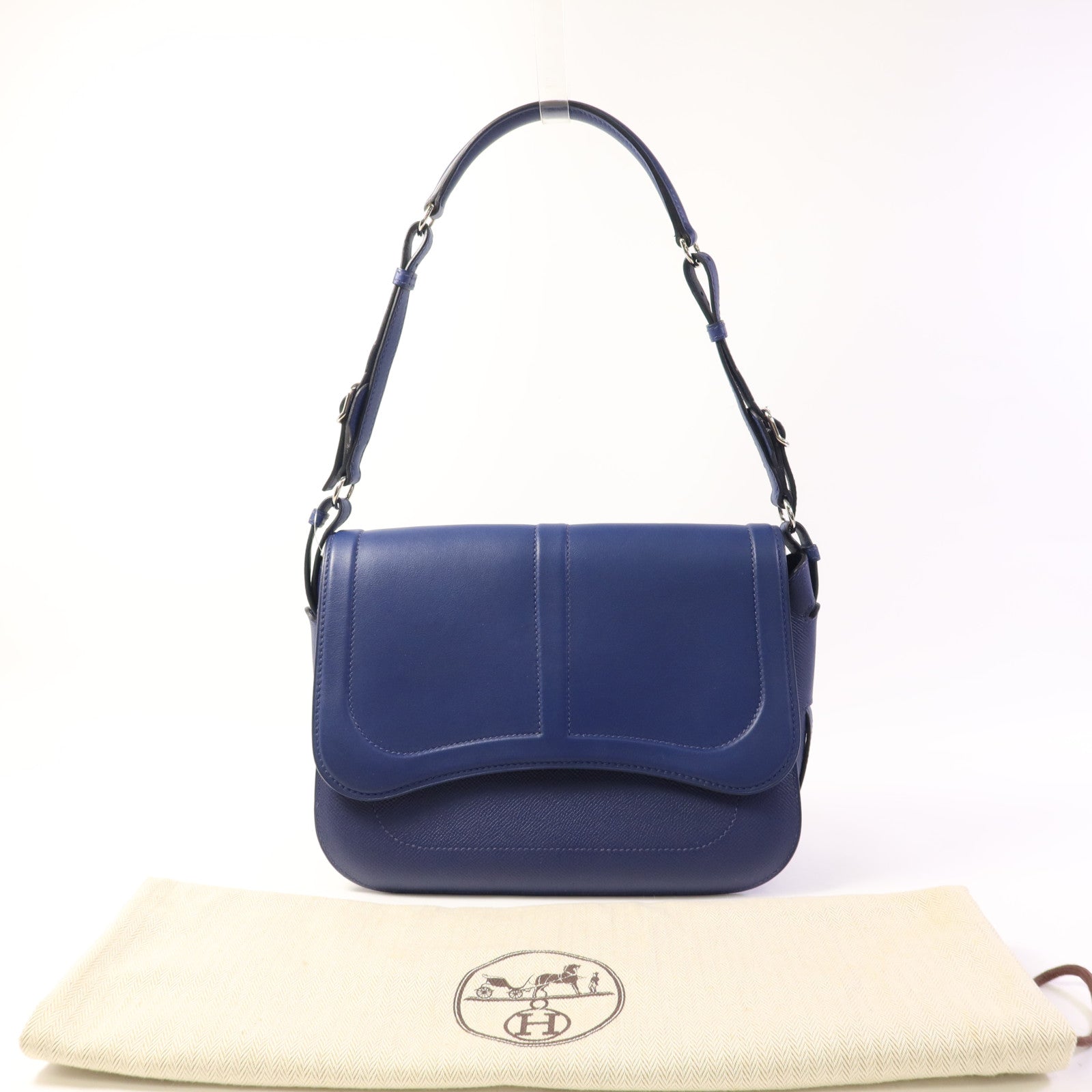 HERMES Epsom皮革/Swift皮革Harnais銀扣肩背袋Bleu Saphir