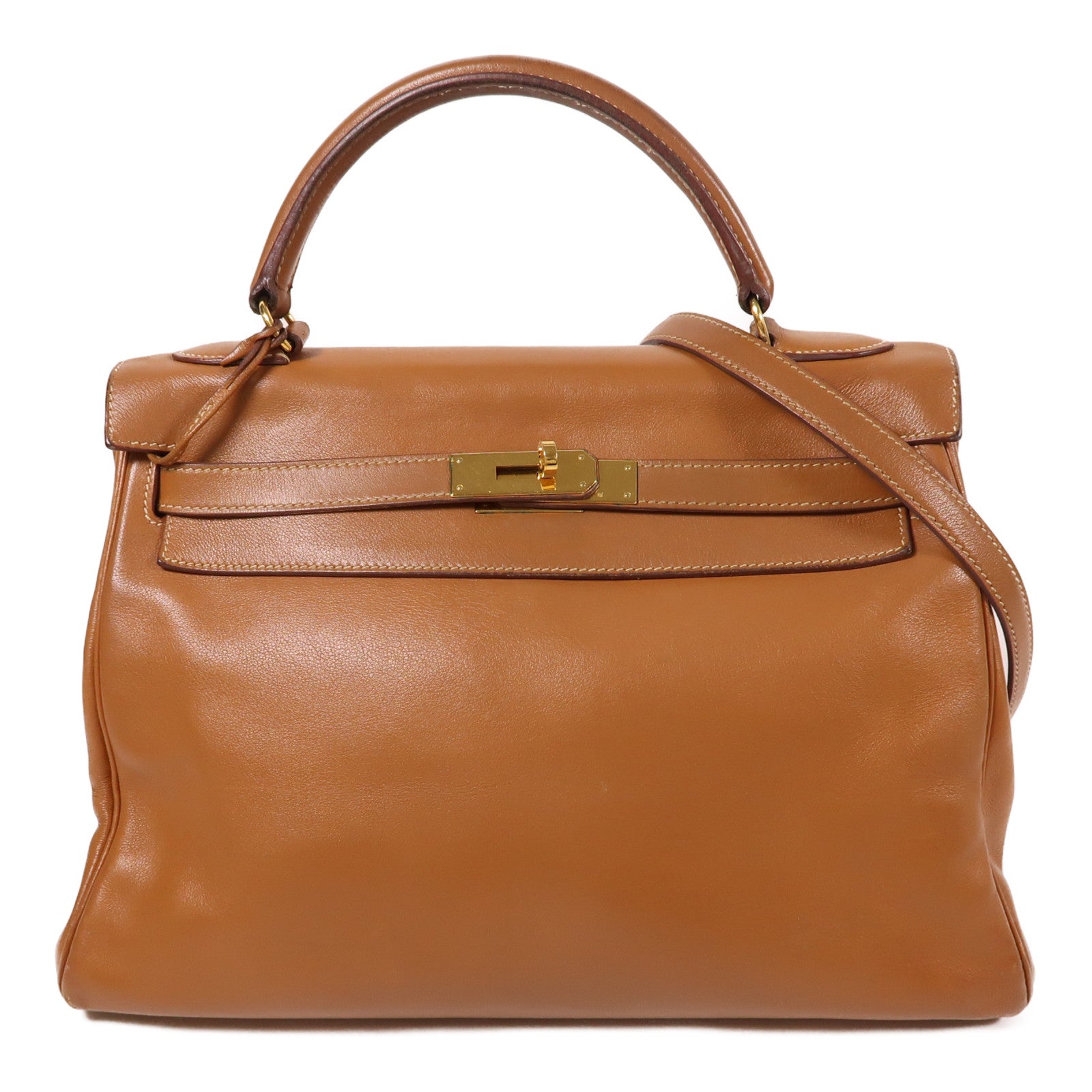 HERMES Gulliver皮革Kelly 32金扣手挽肩背兩用袋Gold