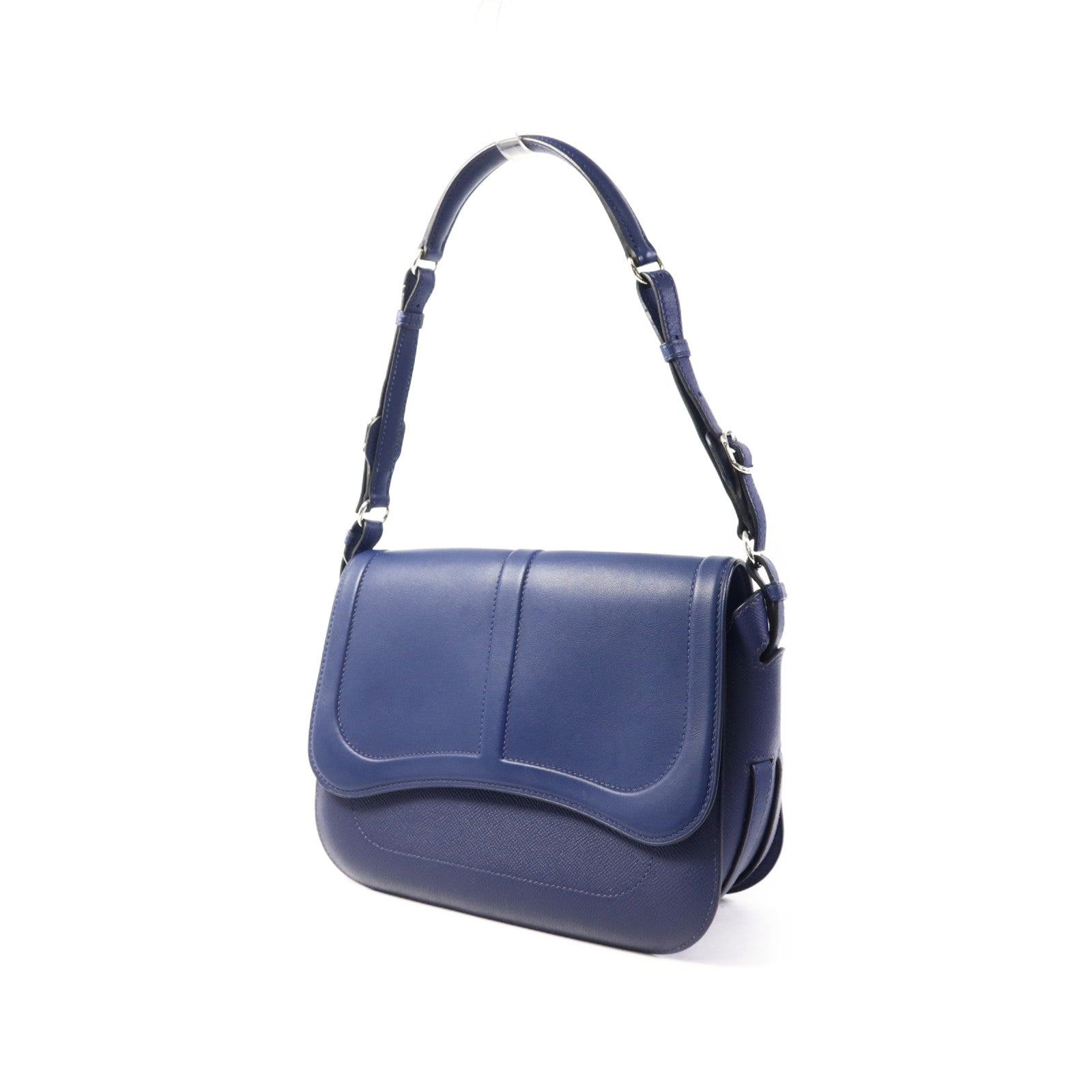 HERMES Epsom皮革/Swift皮革Harnais銀扣肩背袋Bleu Saphir