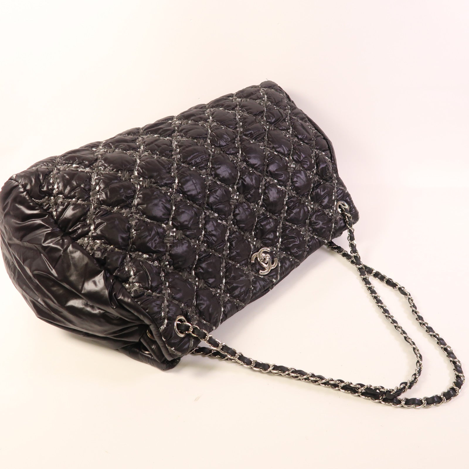 CHANEL 尼龍Chain Shoulder銀扣鏈帶肩背袋