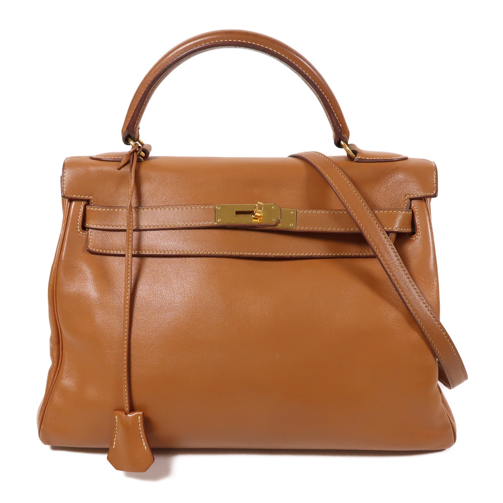 HERMES Gulliver皮革Kelly 32金扣手挽肩背兩用袋Gold