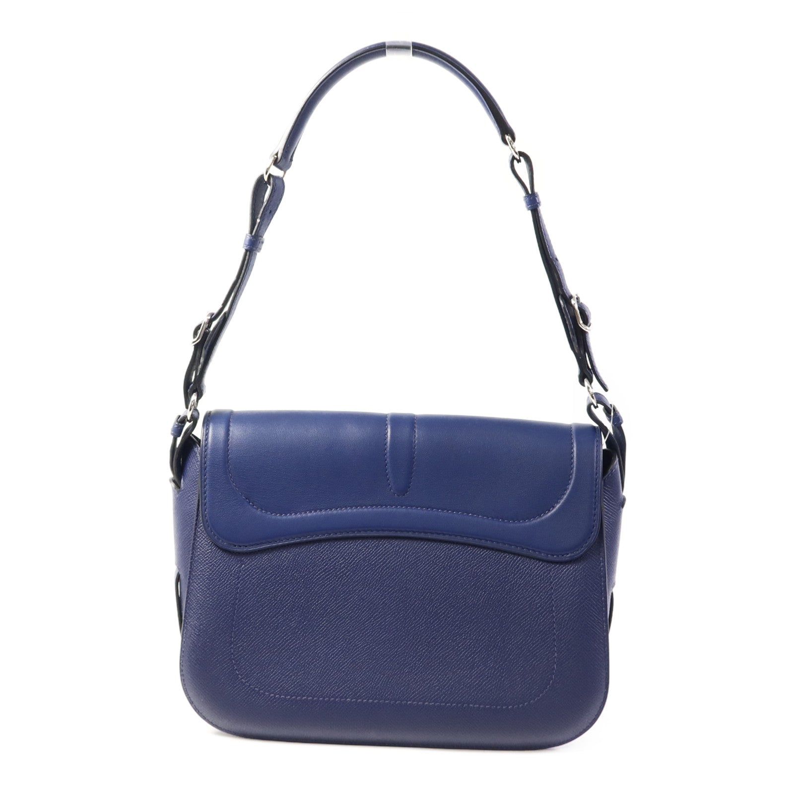 HERMES Epsom皮革/Swift皮革Harnais銀扣肩背袋Bleu Saphir