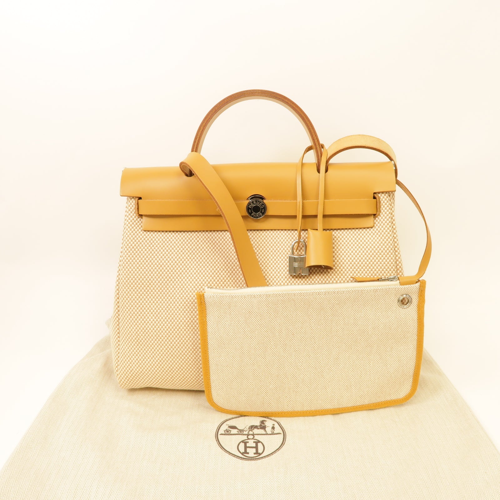 HERMES 帆布Herbag PM銀扣手挽肩背兩用袋沙灘色/米色