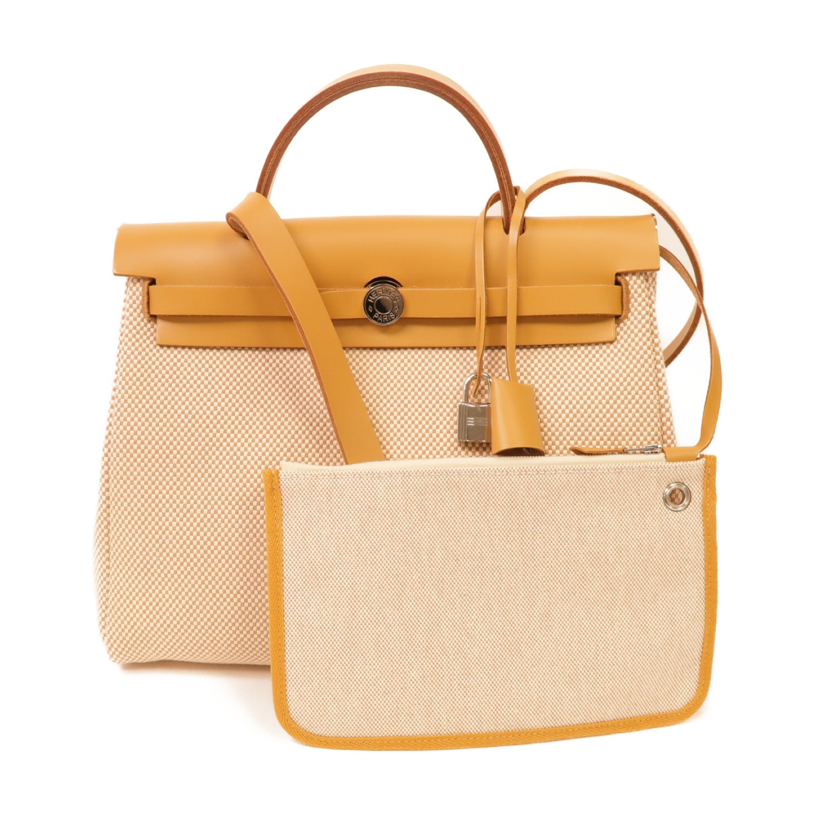 HERMES 帆布Herbag PM銀扣手挽肩背兩用袋沙灘色/米色