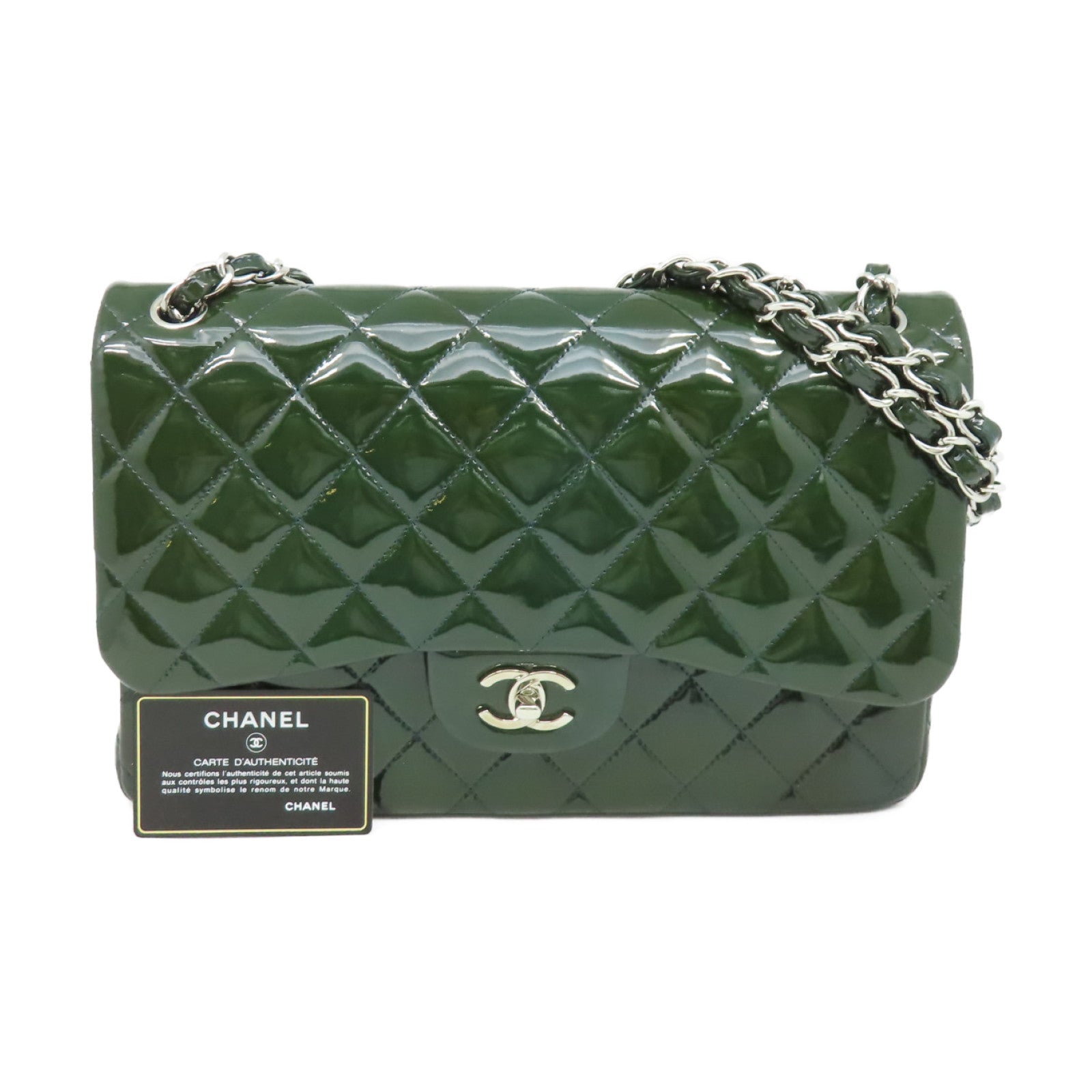 CHANEL **【激減優惠】菱格漆皮皮革Jumbo Maxi Chain Shoulder Bag銀扣鏈帶肩背袋深綠色