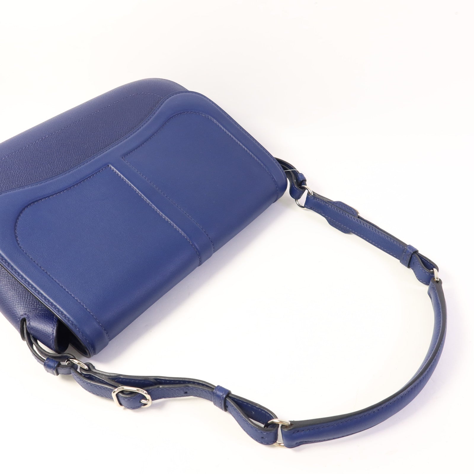 HERMES Epsom皮革/Swift皮革Harnais銀扣肩背袋Bleu Saphir