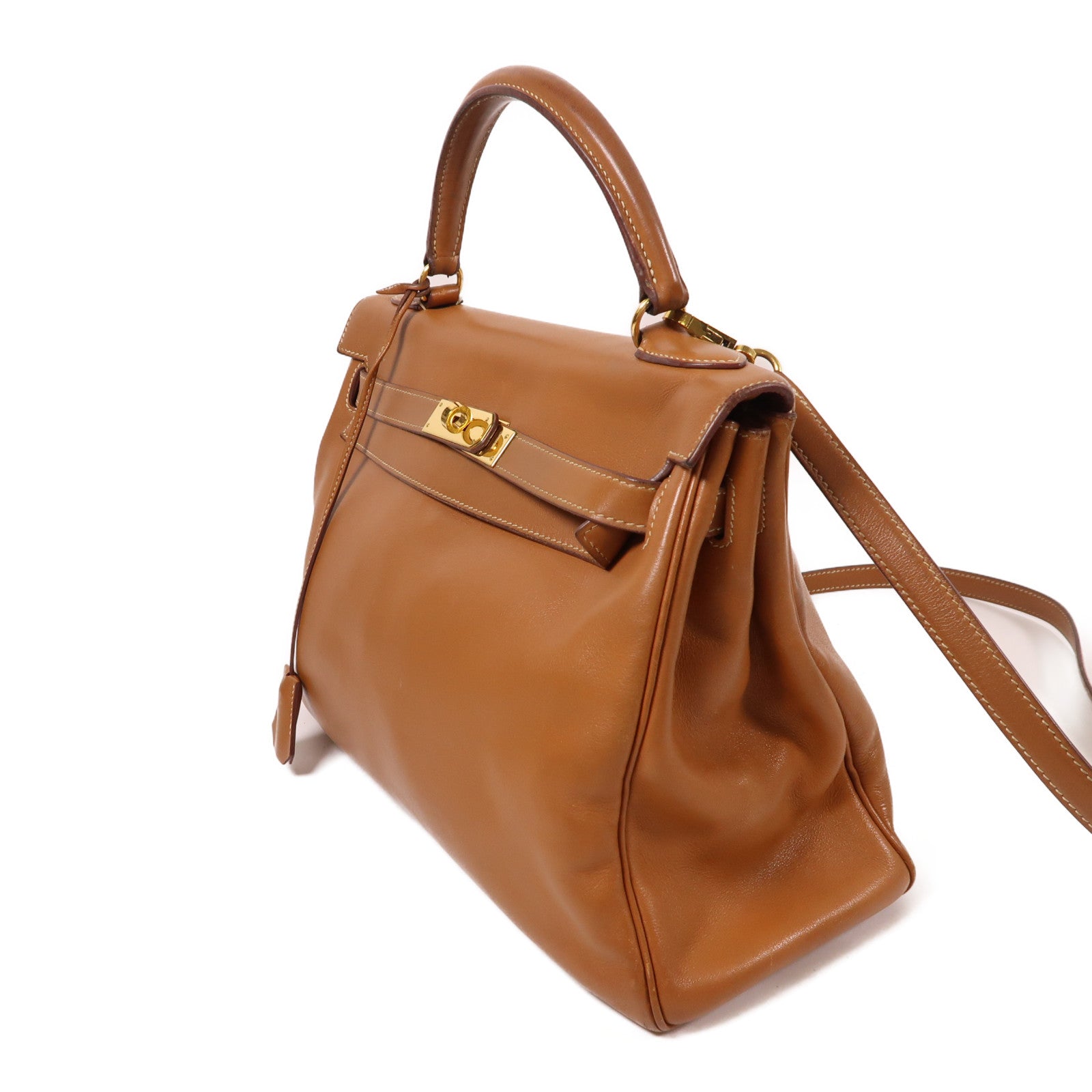 HERMES Gulliver皮革Kelly 32金扣手挽肩背兩用袋Gold