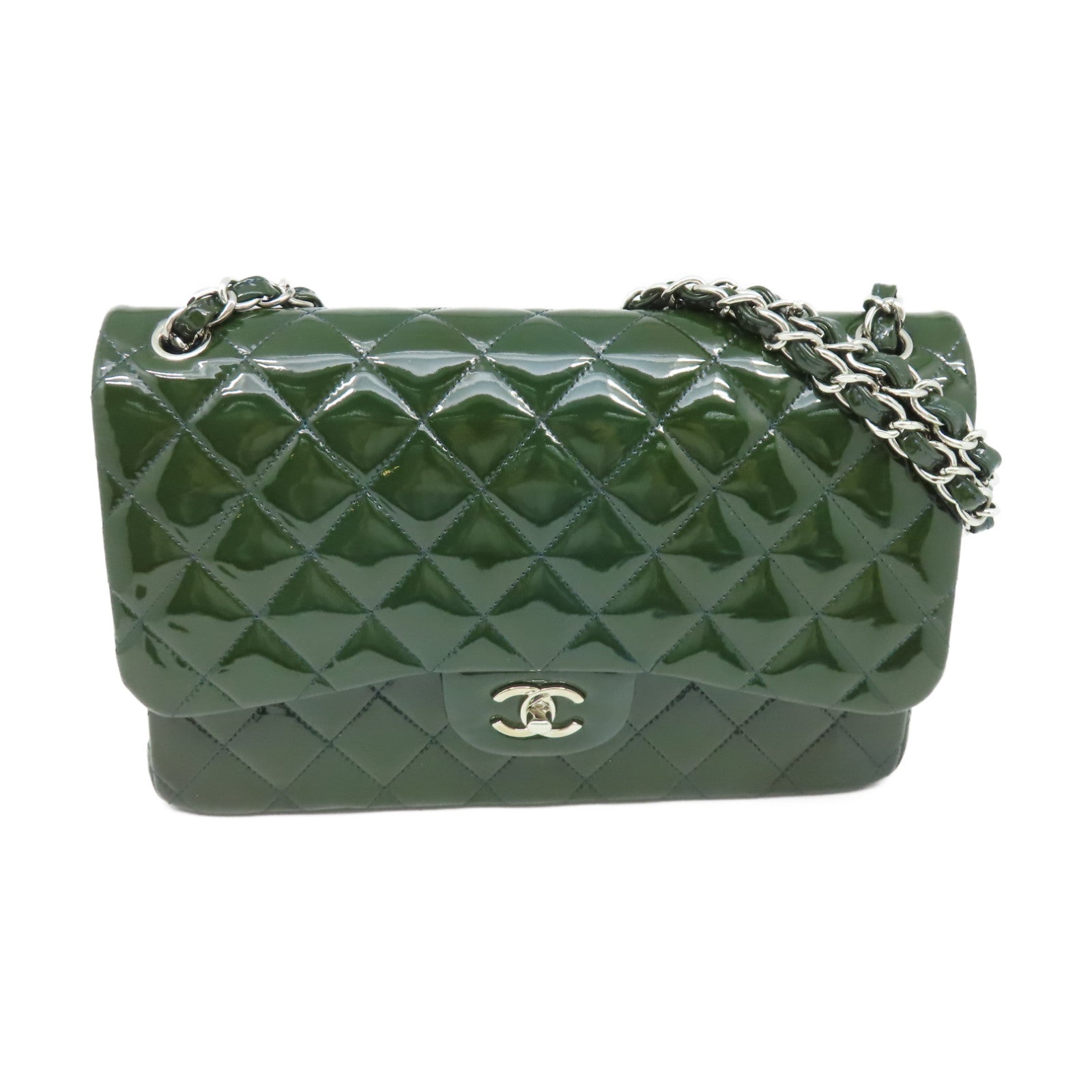 CHANEL **【激減優惠】菱格漆皮皮革Jumbo Maxi Chain Shoulder Bag銀扣鏈帶肩背袋深綠色