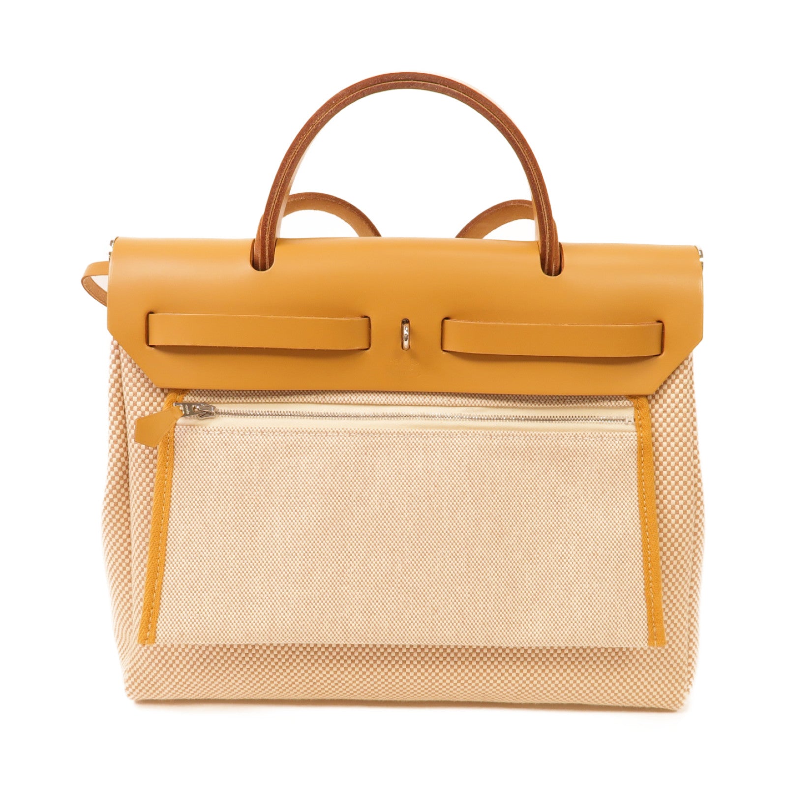 HERMES 帆布Herbag PM銀扣手挽肩背兩用袋沙灘色/米色