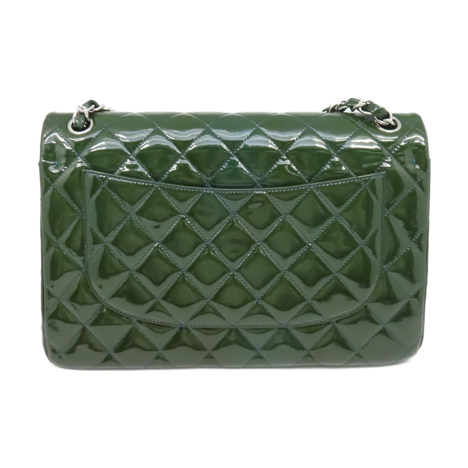 CHANEL **【激減優惠】菱格漆皮皮革Jumbo Maxi Chain Shoulder Bag銀扣鏈帶肩背袋深綠色