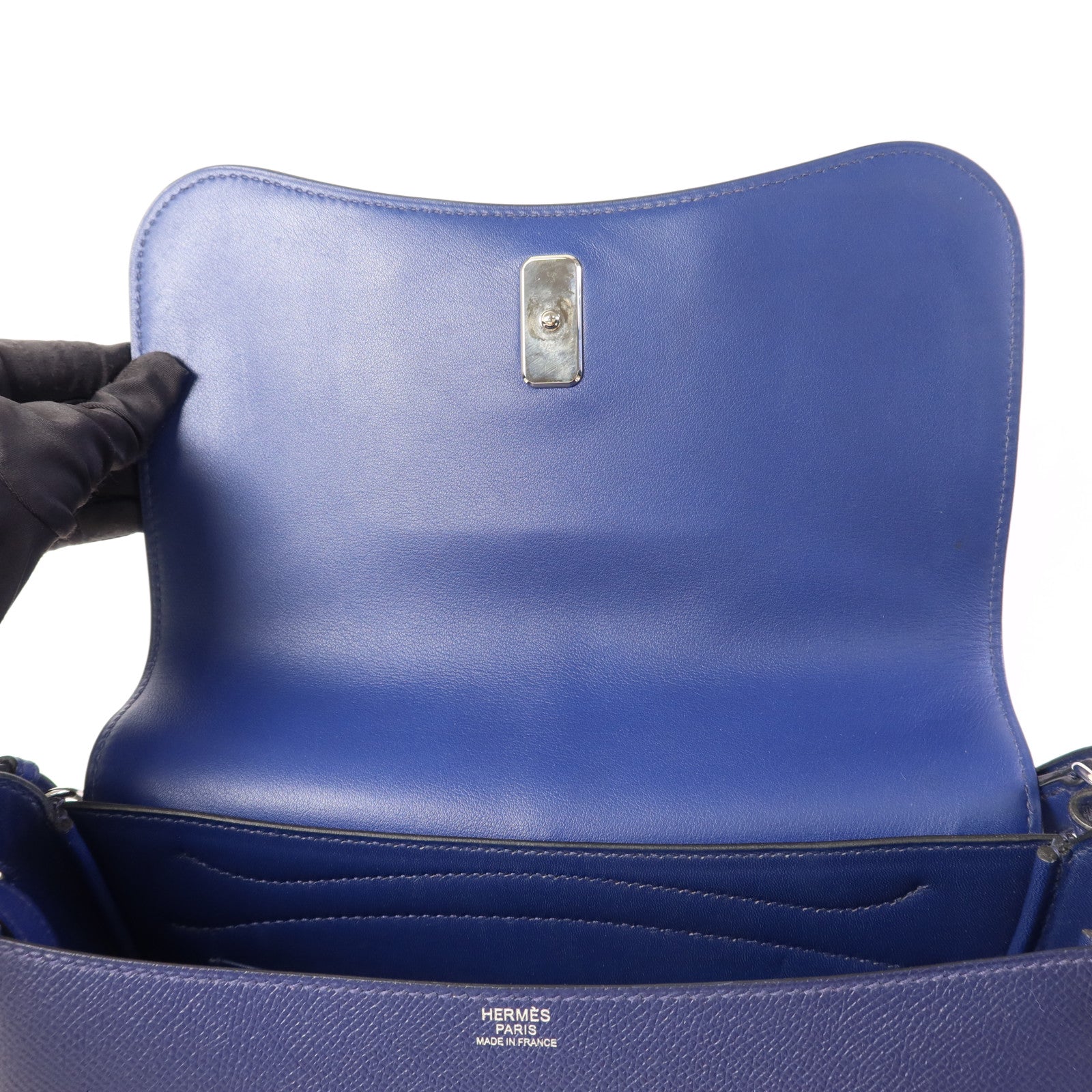 HERMES Epsom皮革/Swift皮革Harnais銀扣肩背袋Bleu Saphir