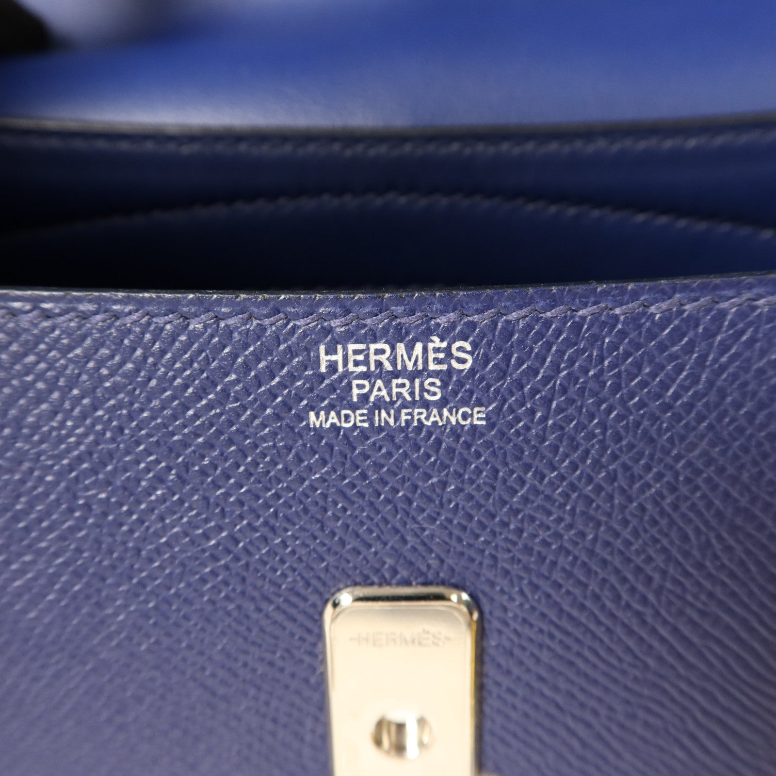 HERMES Epsom皮革/Swift皮革Harnais銀扣肩背袋Bleu Saphir