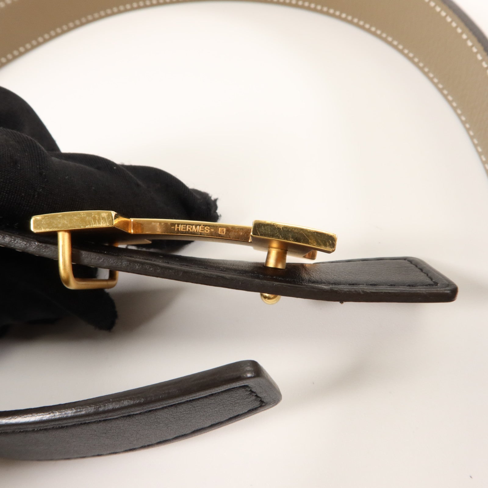HERMES Epsom皮革/Swift皮革Martelee Reversible Belt 80cm皮帶Noir/Etoupe