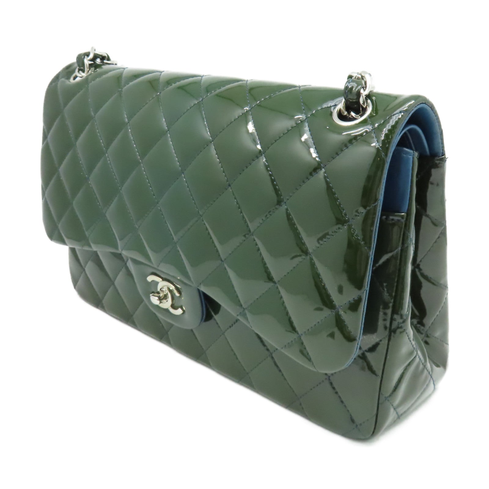 CHANEL **【激減優惠】菱格漆皮皮革Jumbo Maxi Chain Shoulder Bag銀扣鏈帶肩背袋深綠色