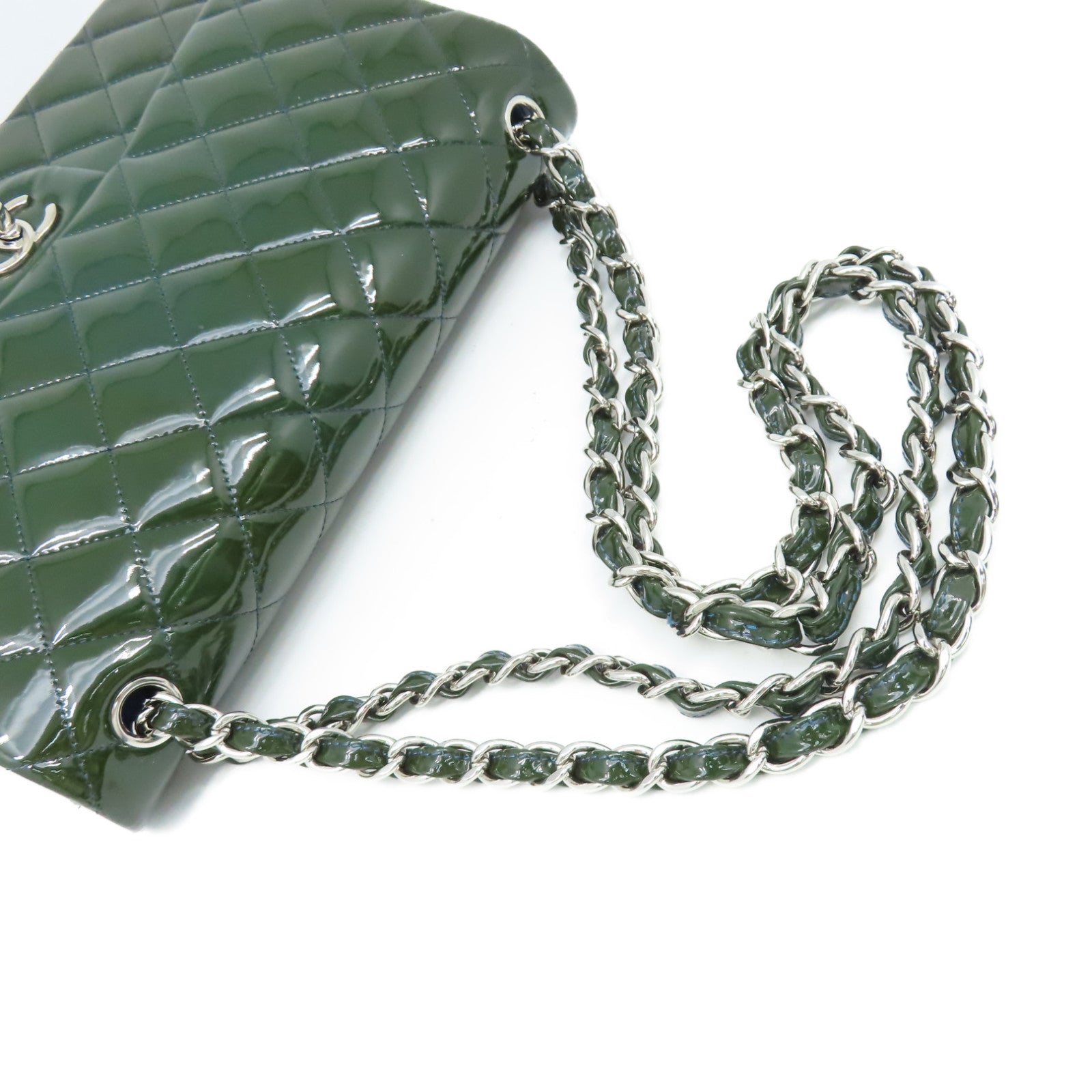 CHANEL **【激減優惠】菱格漆皮皮革Jumbo Maxi Chain Shoulder Bag銀扣鏈帶肩背袋深綠色