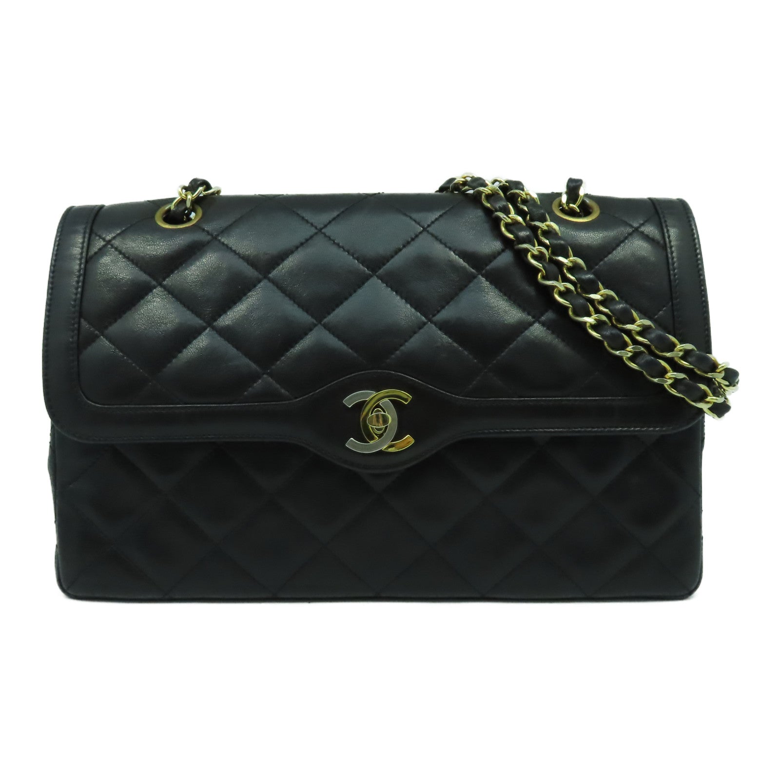 CHANEL 【清倉大減價】菱格羊皮皮革Chain Shoulder鏈帶肩背袋黑色