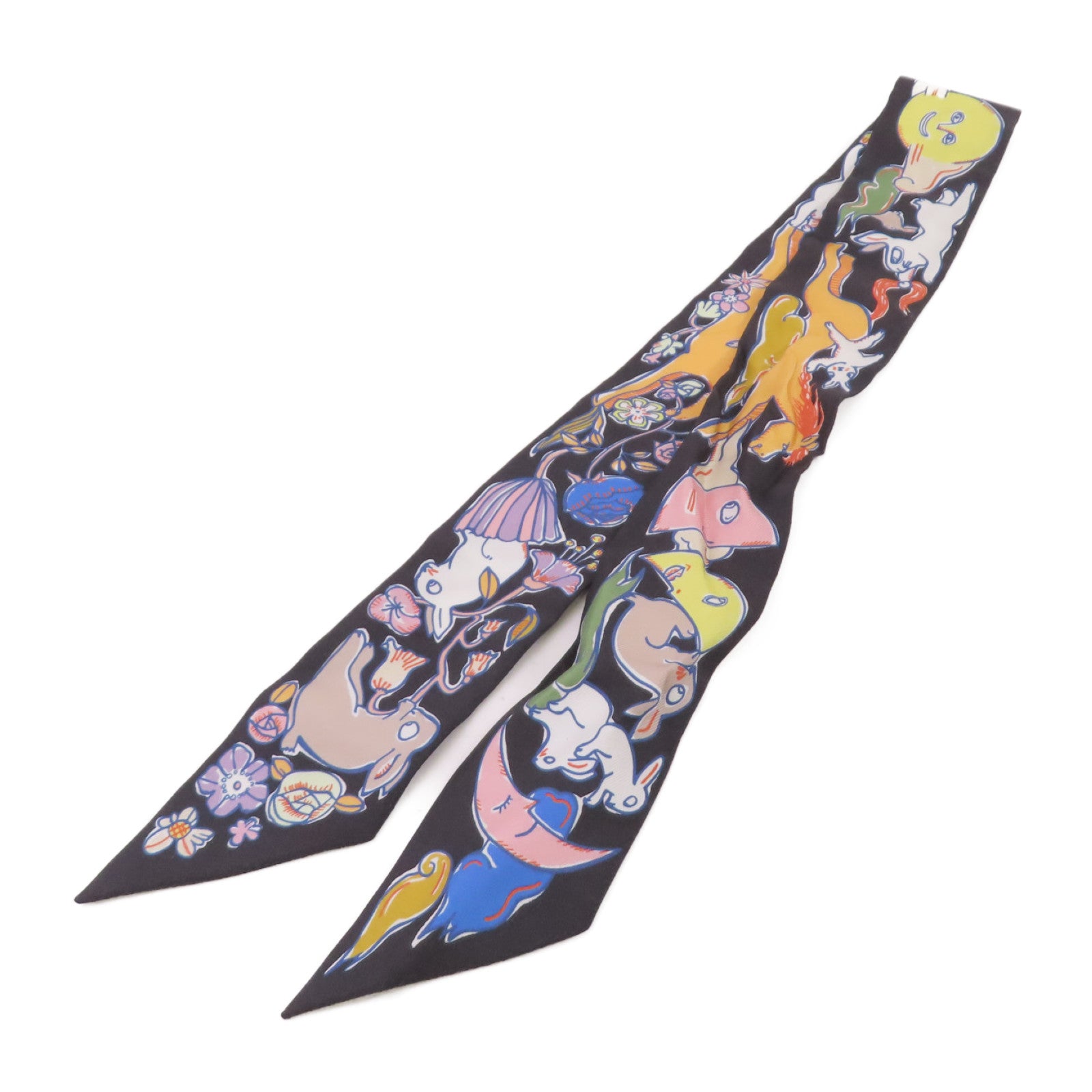 HERMES 絲質Twilly Scarf絲巾黑色/橙色/彩色