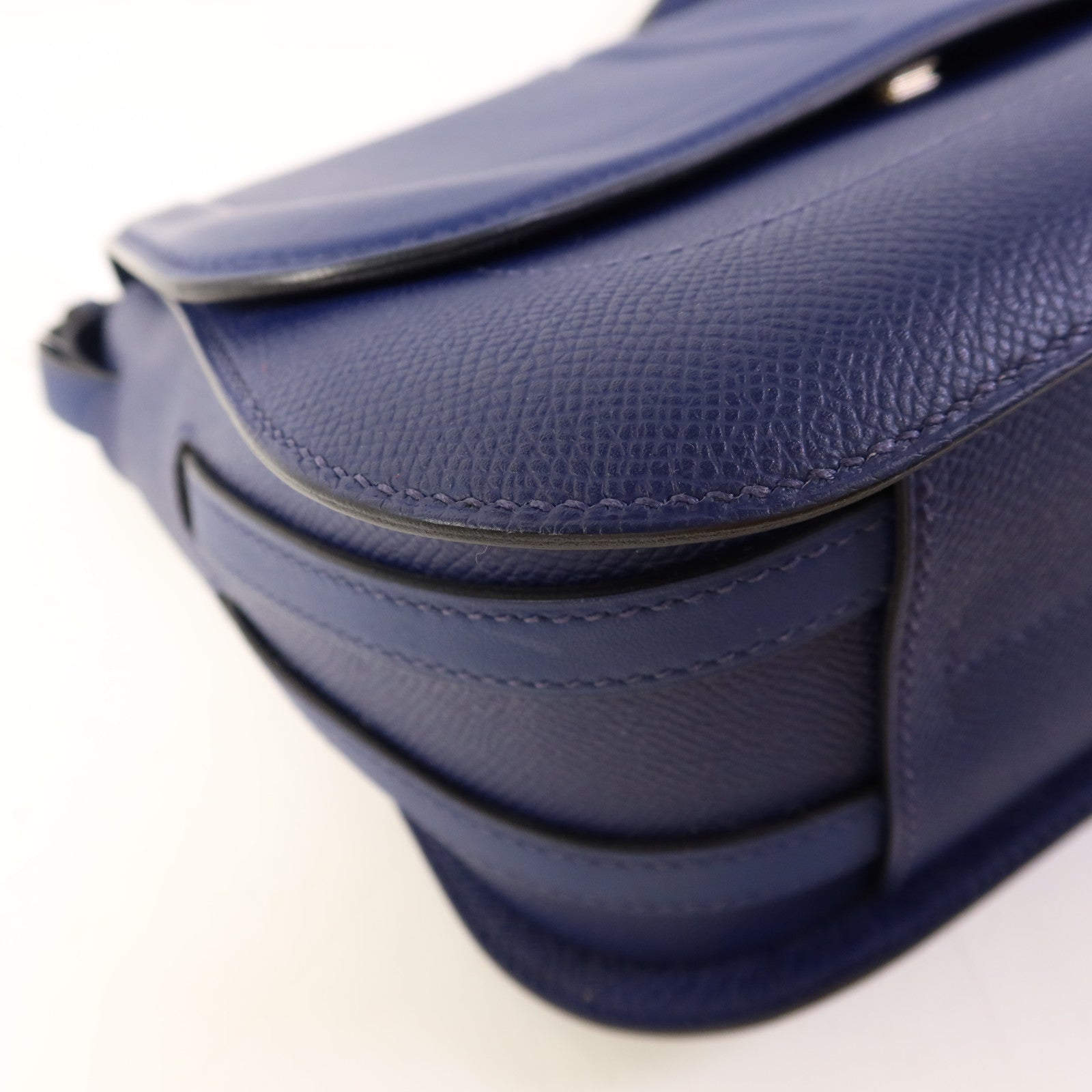 HERMES Epsom皮革/Swift皮革Harnais銀扣肩背袋Bleu Saphir