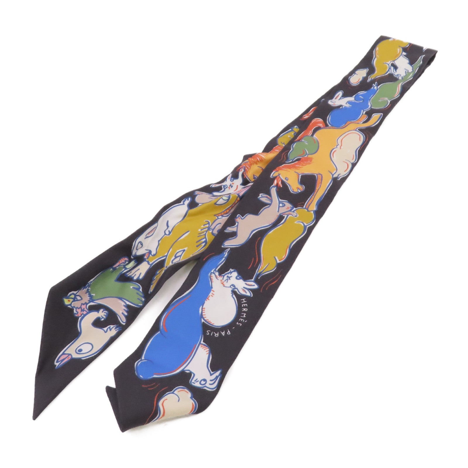 HERMES 絲質Twilly Scarf絲巾黑色/橙色/彩色