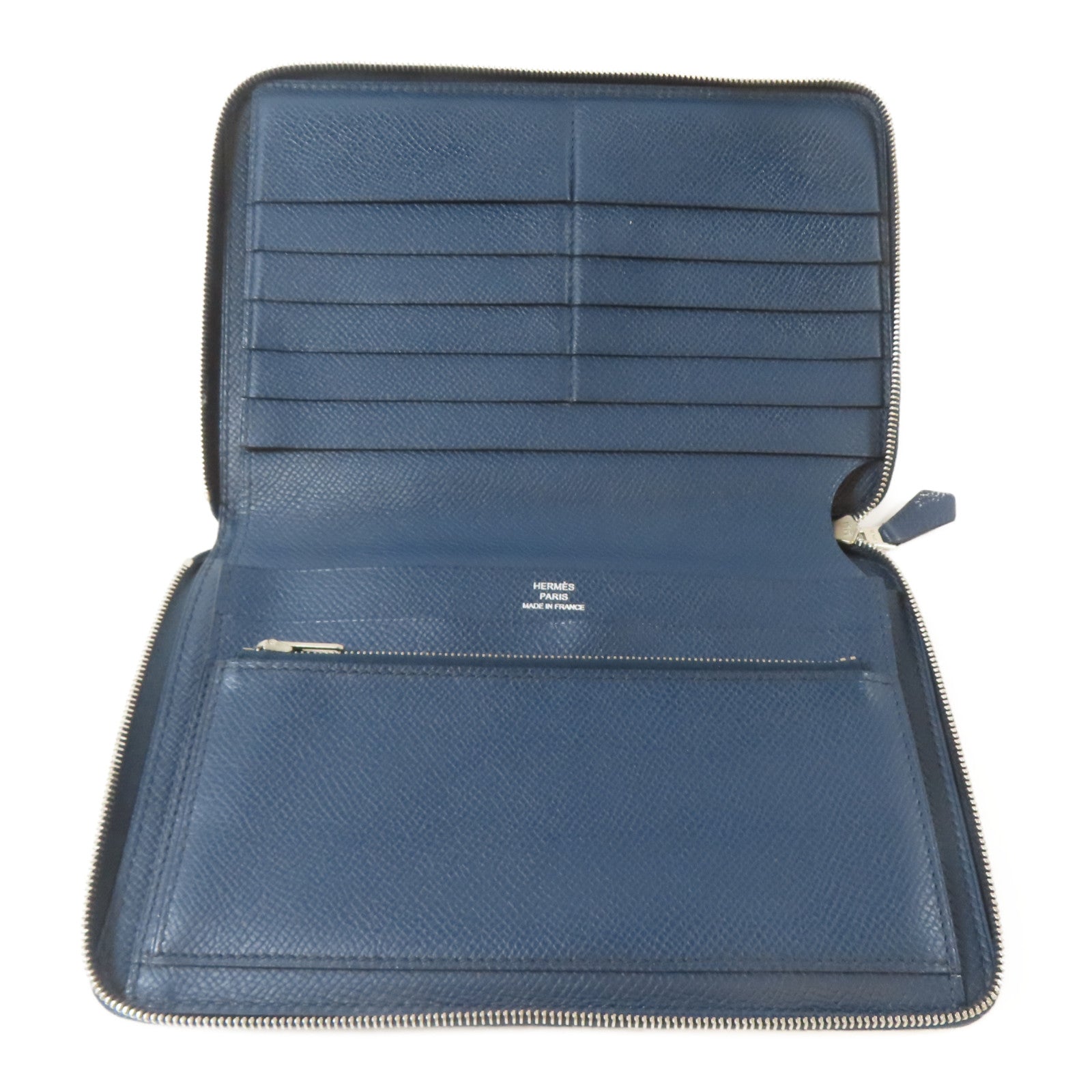 HERMES 【激減優惠】Epsom皮革Long Round Wallet銀扣長錢包Colvert/深藍色