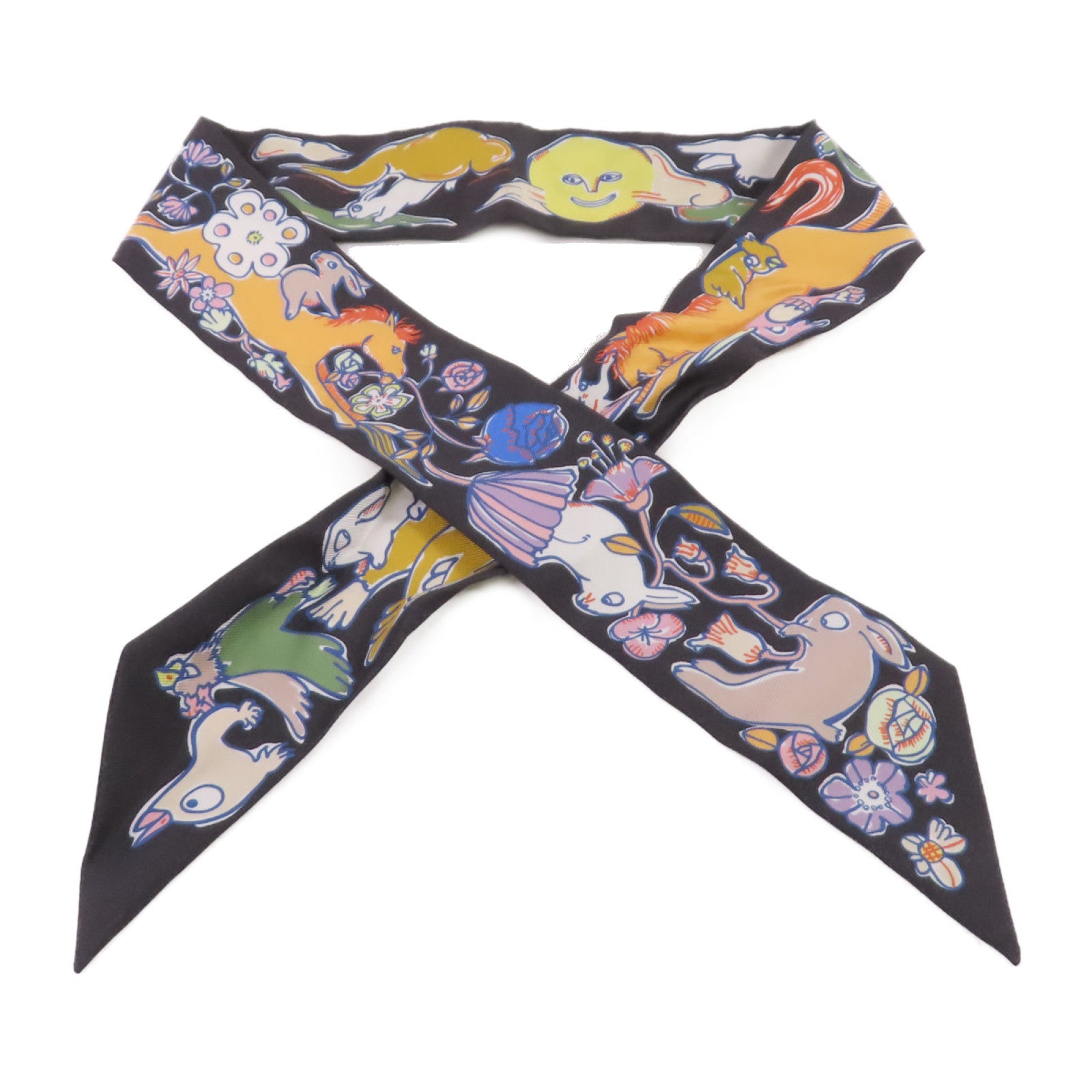 HERMES 絲質Twilly Scarf絲巾黑色/橙色/彩色