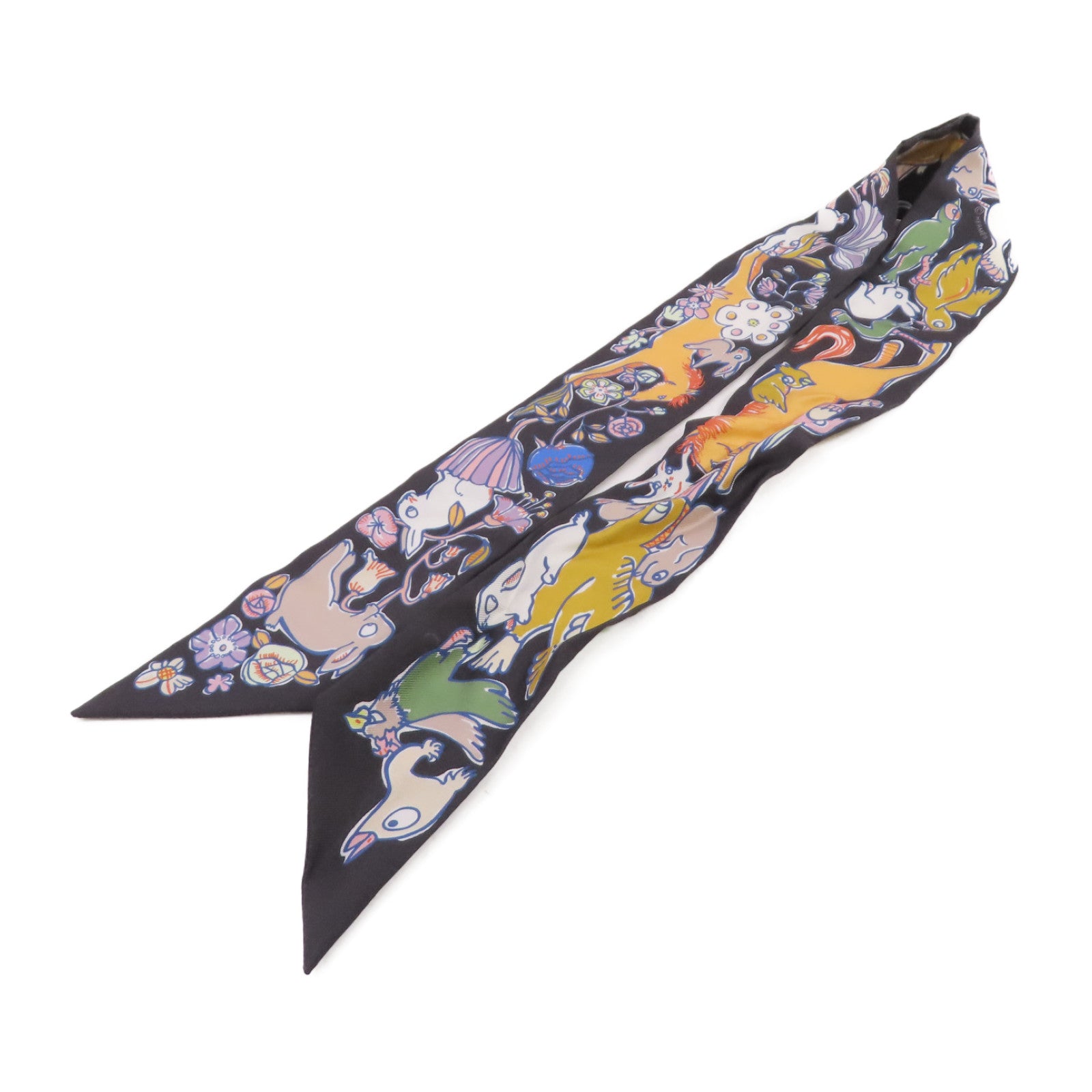 HERMES 絲質Twilly Scarf絲巾黑色/橙色/彩色